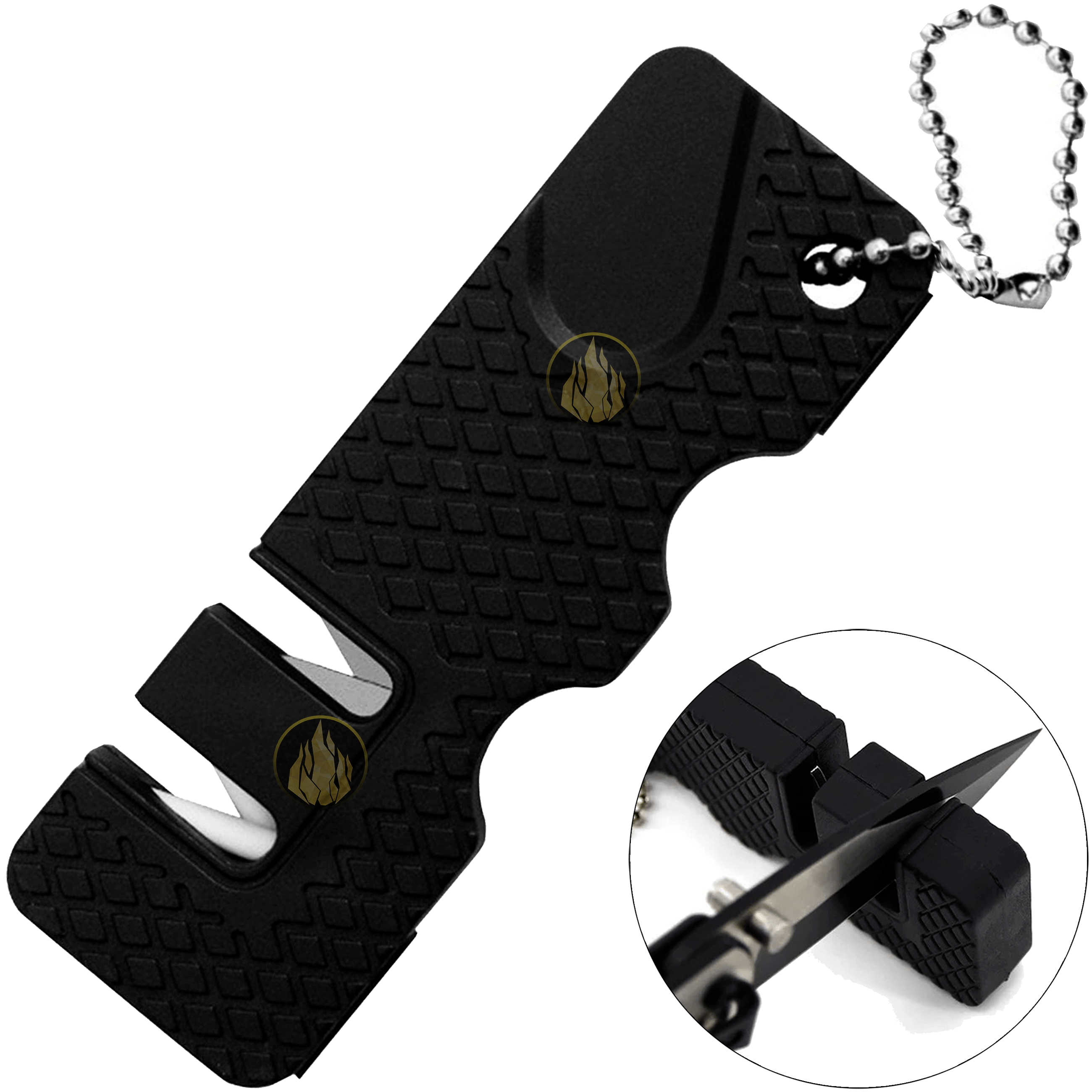 Afilador Cuchillos Y Navajas 2 en 1 mini cerámica marca Lion Tools modelo 8343, afilador portátil de carburo de tungsteno para cuchillos, navajas y machetes.