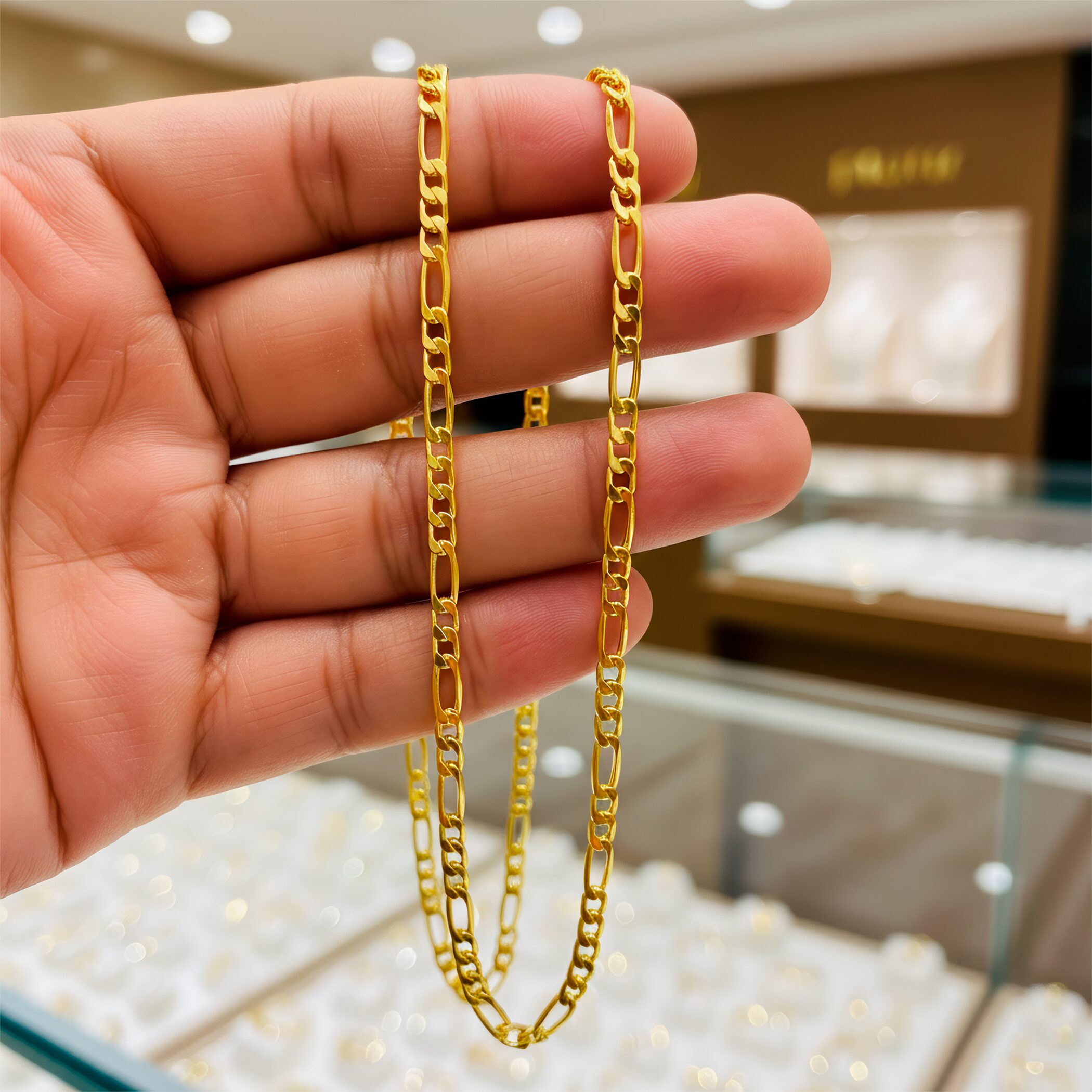 Cadena Figaro Oro Laminado 14K 5mm unisex elegante con diseño 3x1 ideal para hombre y mujer.