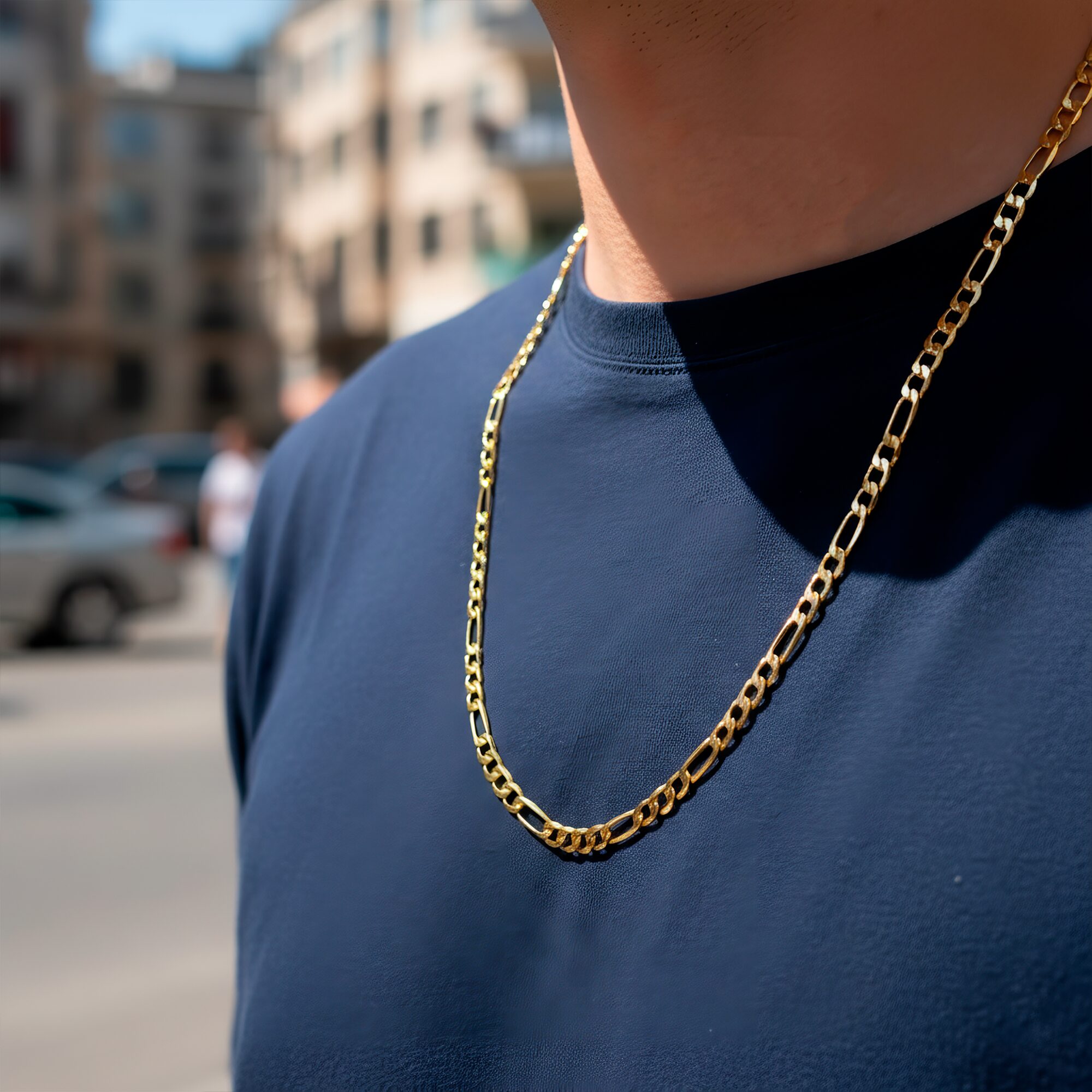 Cadena Figaro Oro Laminado 14K 5mm unisex elegante con diseño 3x1 ideal para hombre y mujer.