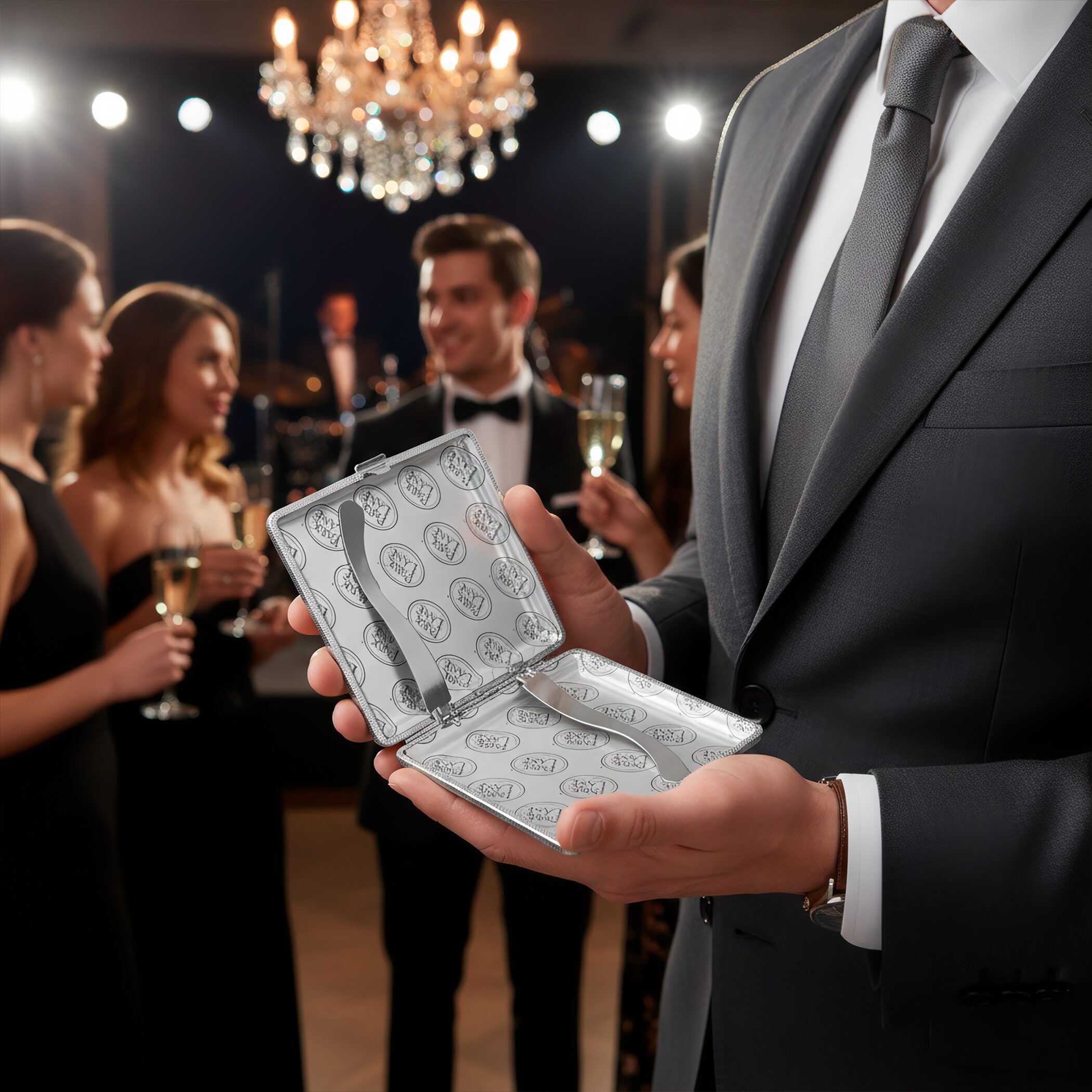 Cigarrera Park Lane plateada con diseño tipo cuero en cuadros, capacidad para 20 cigarros de 85 mm, fabricada en acero inoxidable y cuero PU. FAL-CG79