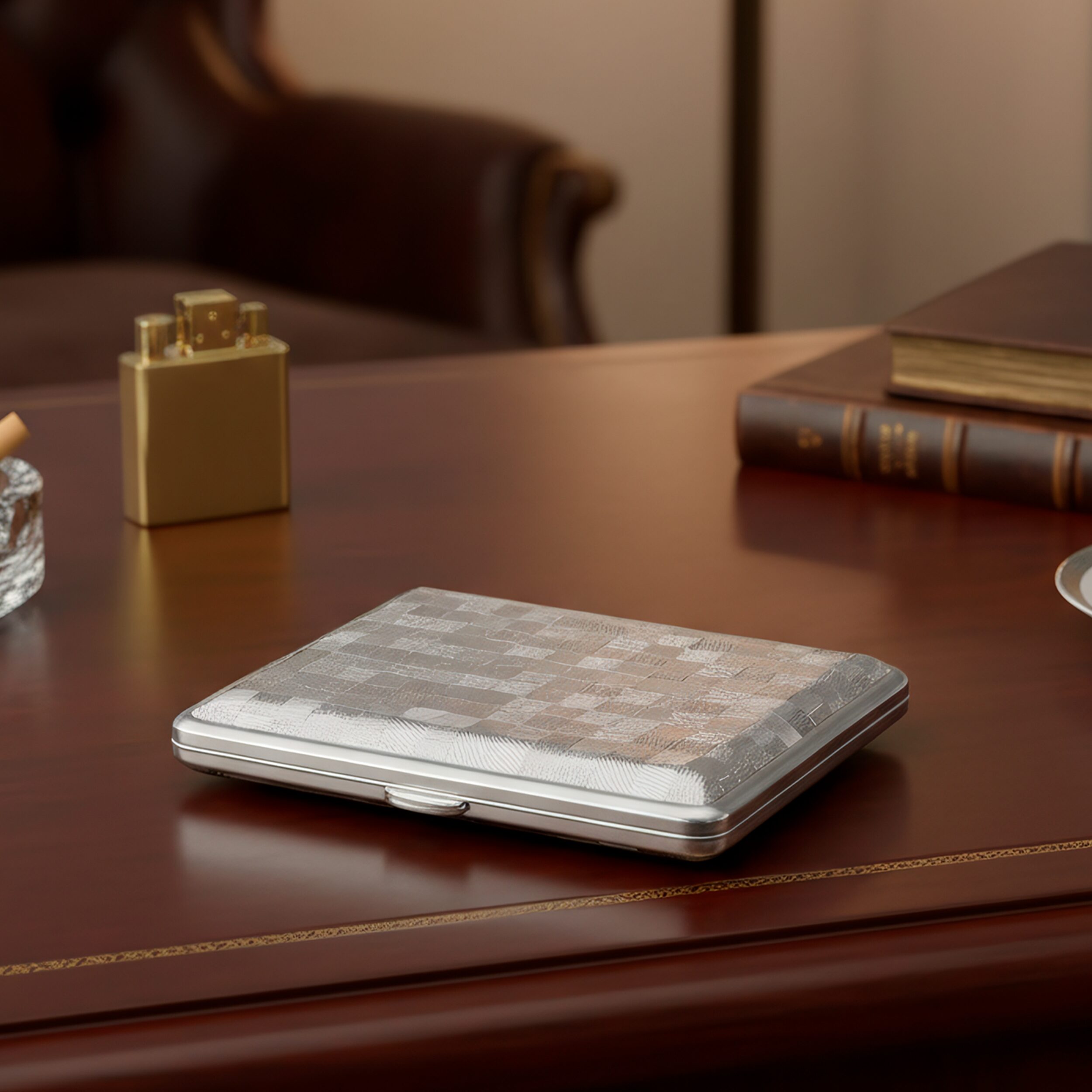 Cigarrera Park Lane plateada con diseño tipo cuero en cuadros, capacidad para 20 cigarros de 85 mm, fabricada en acero inoxidable y cuero PU. FAL-CG79