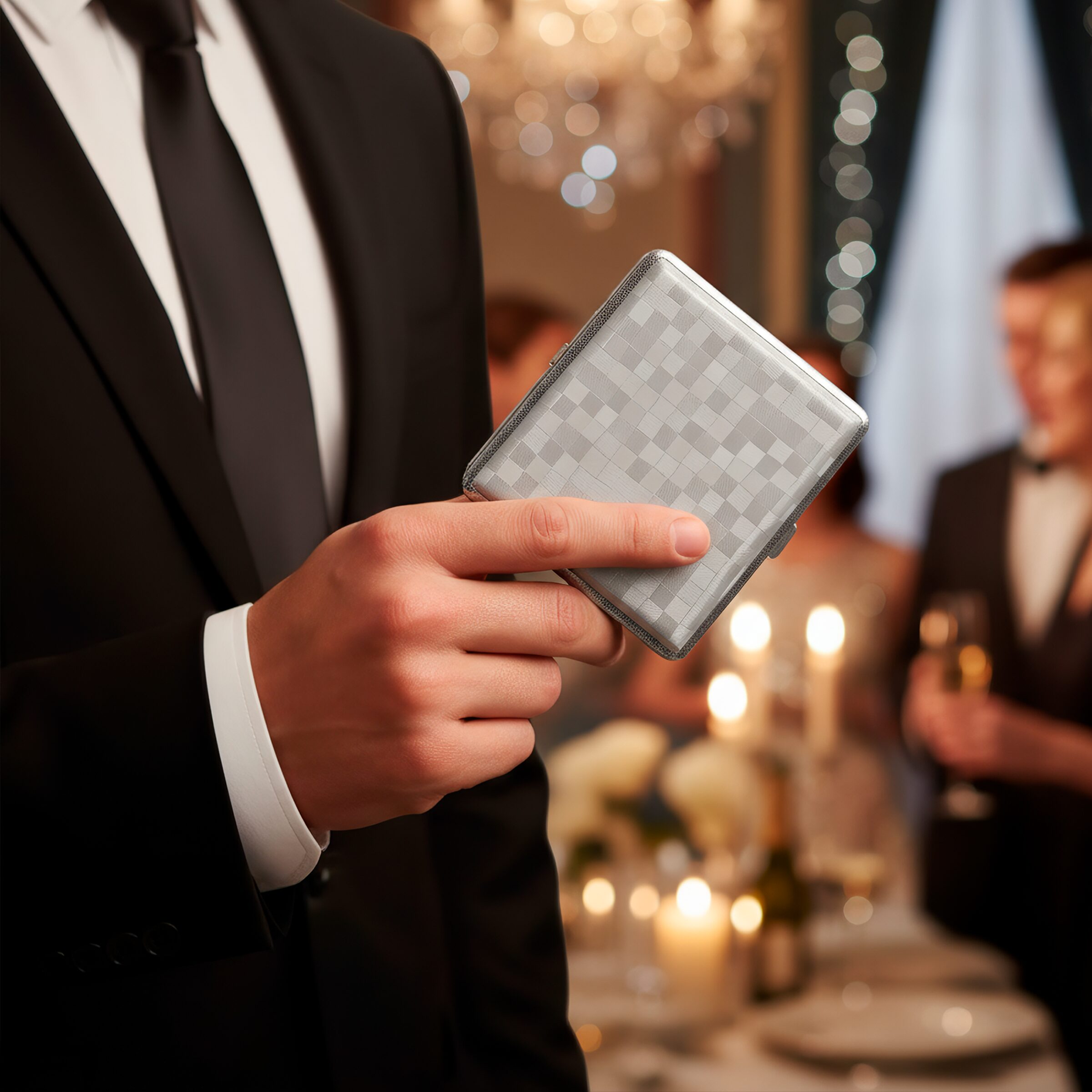 Cigarrera Park Lane plateada con diseño tipo cuero en cuadros, capacidad para 20 cigarros de 85 mm, fabricada en acero inoxidable y cuero PU. FAL-CG79