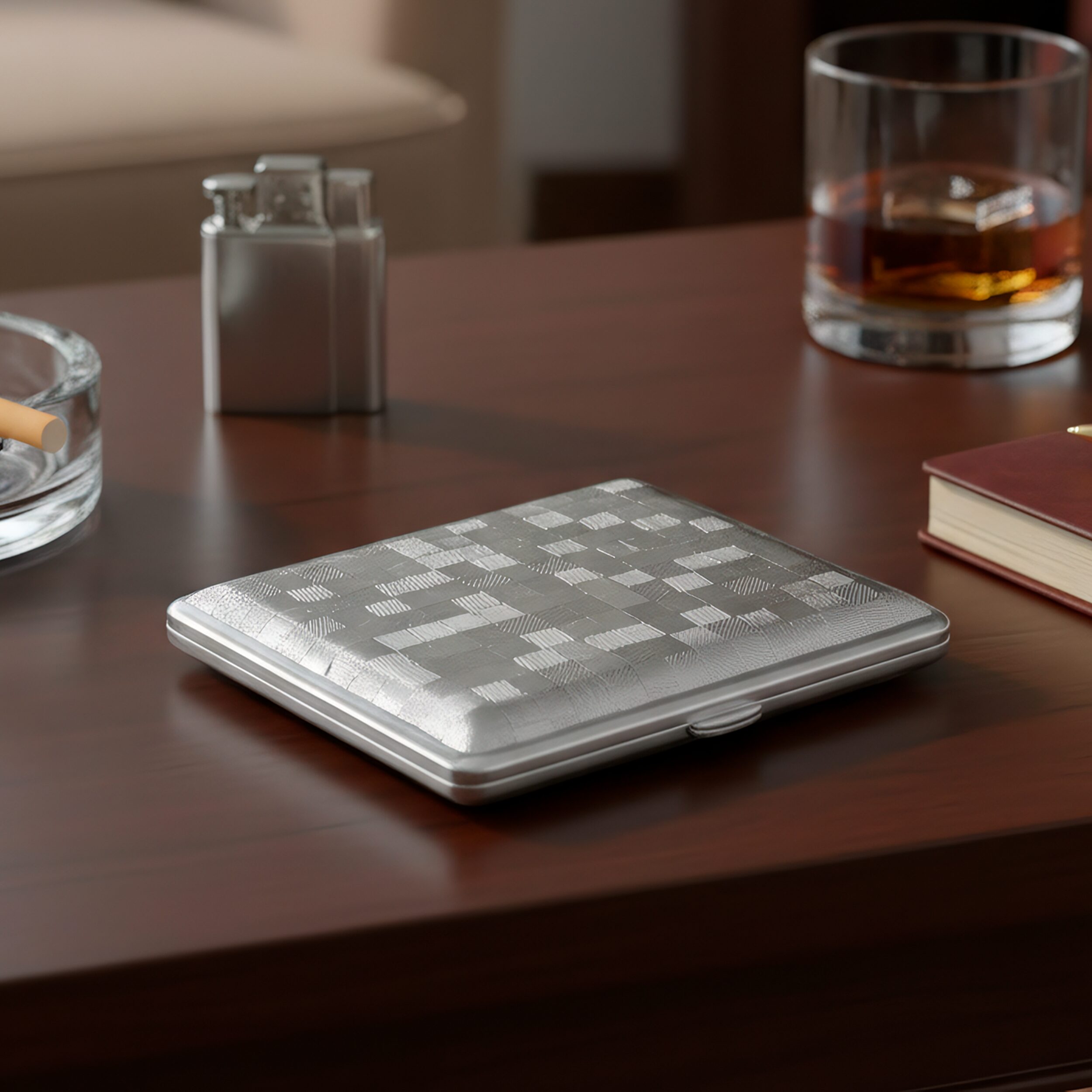 Cigarrera Park Lane plateada con diseño tipo cuero en cuadros, capacidad para 20 cigarros de 85 mm, fabricada en acero inoxidable y cuero PU. FAL-CG79