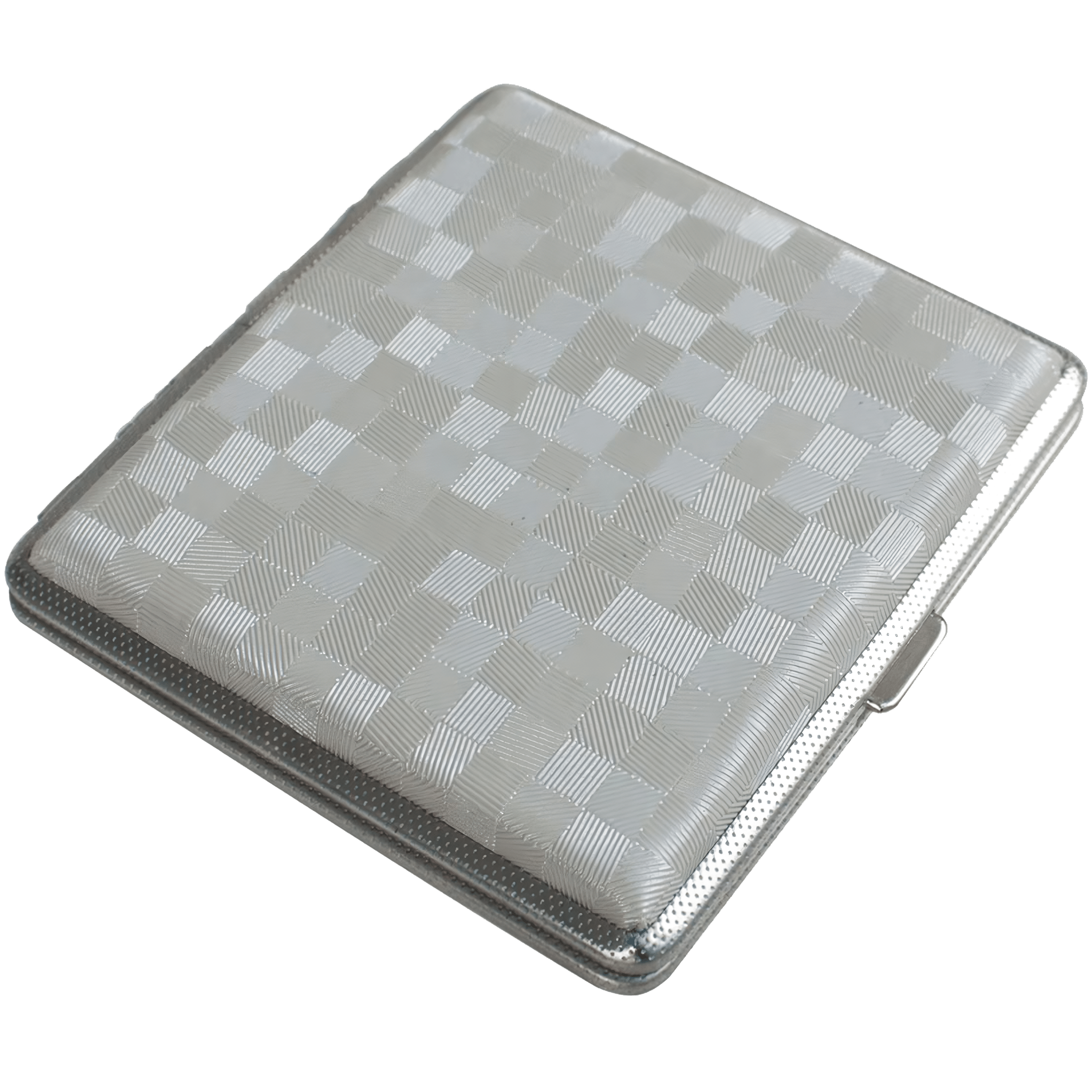 Cigarrera Park Lane plateada con diseño tipo cuero en cuadros, capacidad para 20 cigarros de 85 mm, fabricada en acero inoxidable y cuero PU. FAL-CG79