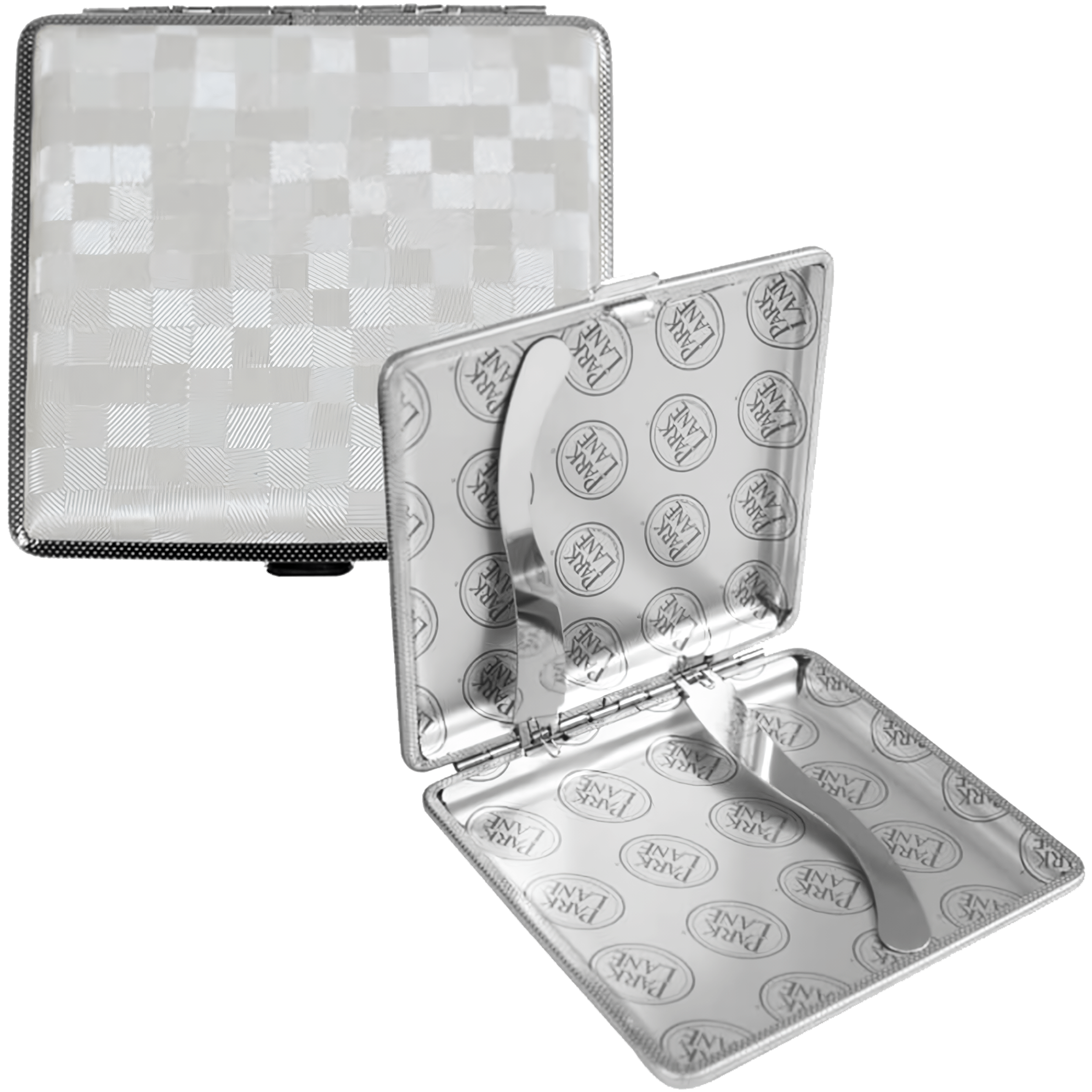 Cigarrera Park Lane plateada con diseño tipo cuero en cuadros, capacidad para 20 cigarros de 85 mm, fabricada en acero inoxidable y cuero PU. FAL-CG79