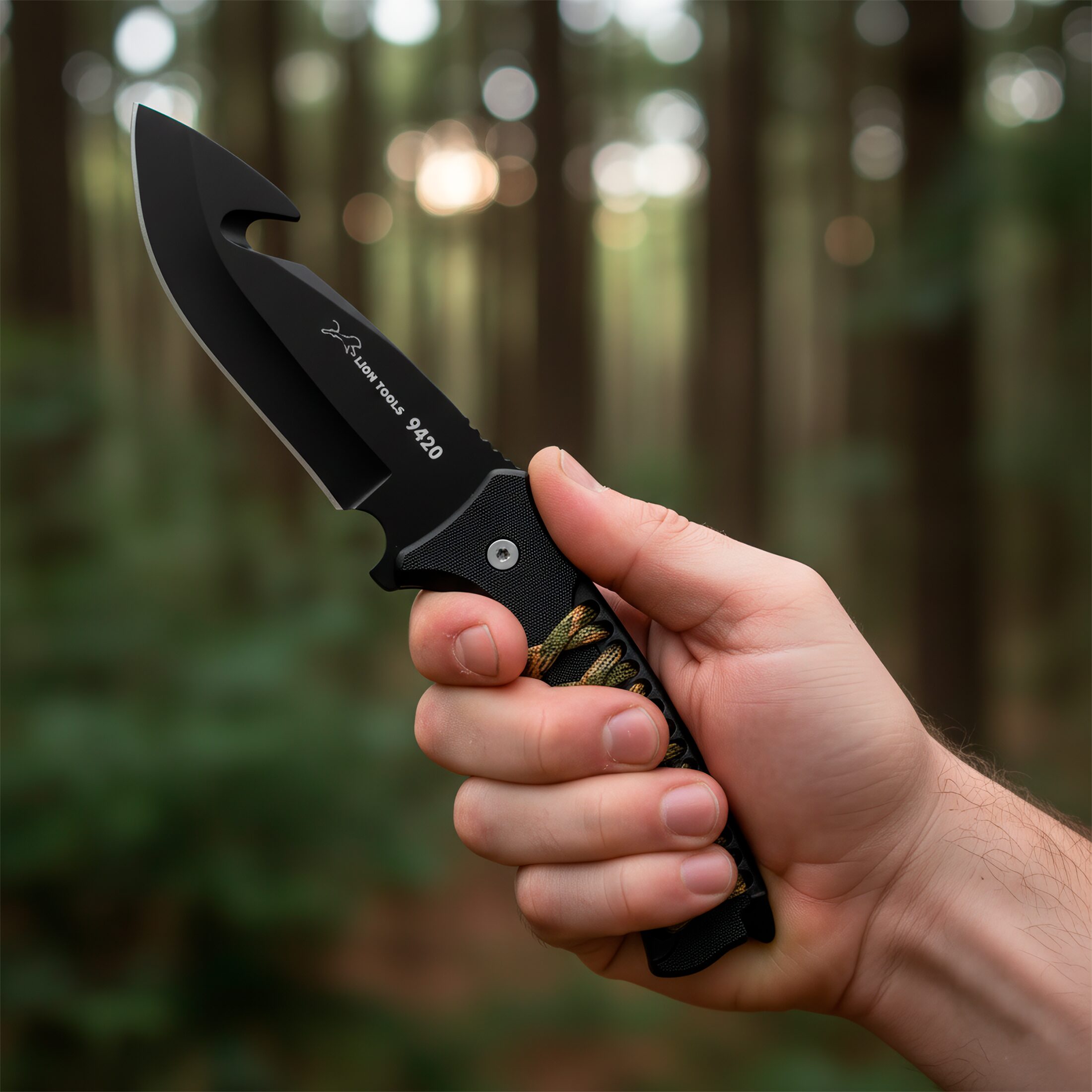 Cuchillo Caza Táctico con Funda marca Lion Tools acero inoxidable 420 hoja afilada con gancho para desollar mango ergonómico funda nylon para cinturón uso caza campismo supervivencia 9420