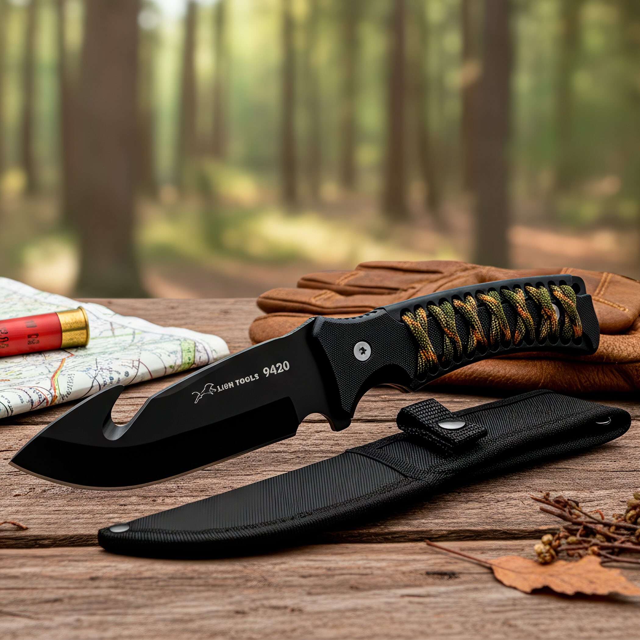 Cuchillo Caza Táctico con Funda marca Lion Tools acero inoxidable 420 hoja afilada con gancho para desollar mango ergonómico funda nylon para cinturón uso caza campismo supervivencia 9420