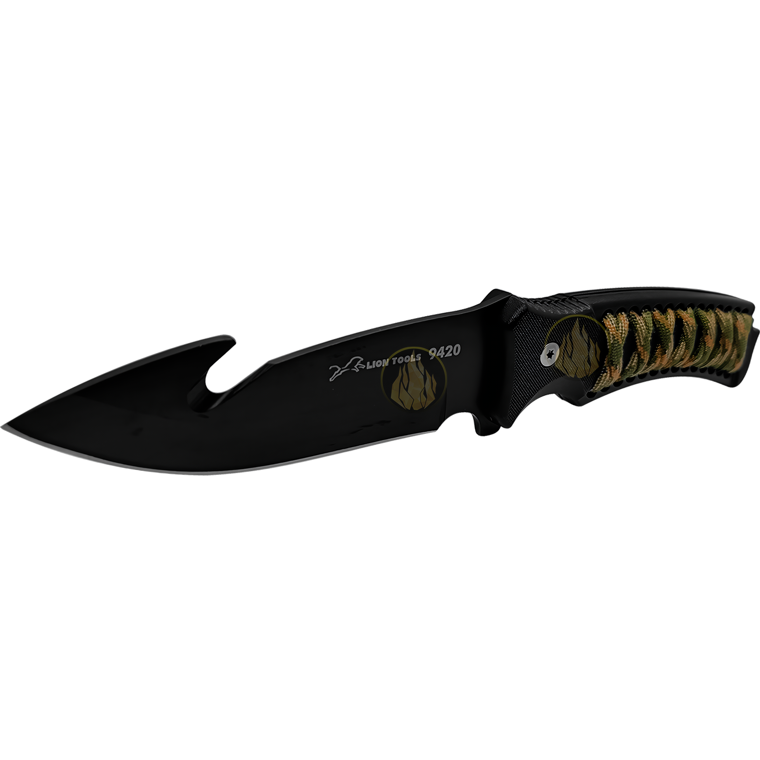 Cuchillo Caza Táctico con Funda marca Lion Tools acero inoxidable 420 hoja afilada con gancho para desollar mango ergonómico funda nylon para cinturón uso caza campismo supervivencia 9420