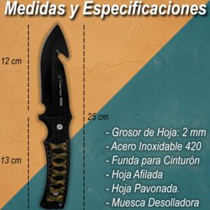 Cuchillo Caza Táctico con Funda marca Lion Tools acero inoxidable 420 hoja afilada con gancho para desollar mango ergonómico funda nylon para cinturón uso caza campismo supervivencia 9420