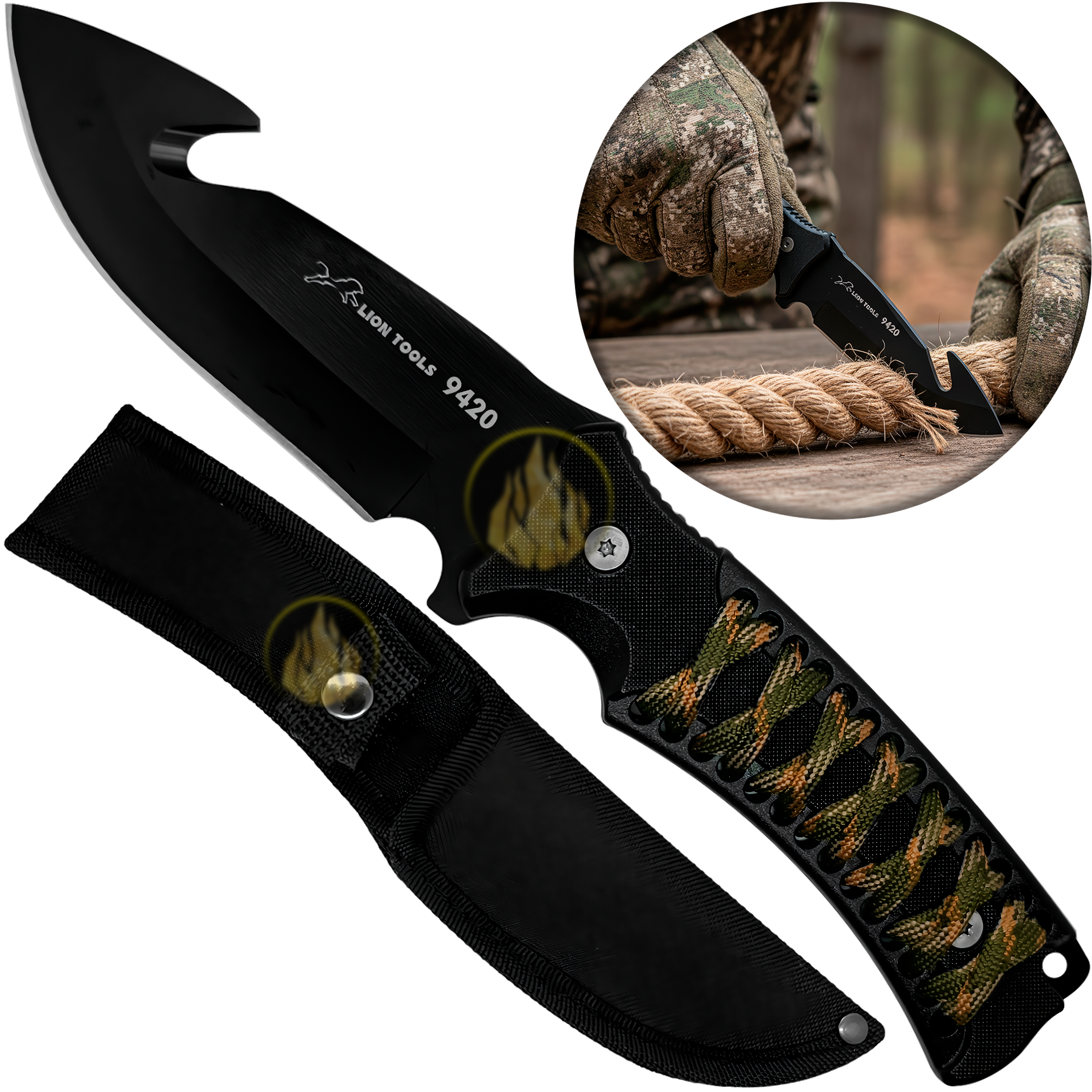 Cuchillo Caza Táctico con Funda marca Lion Tools acero inoxidable 420 hoja afilada con gancho para desollar mango ergonómico funda nylon para cinturón uso caza campismo supervivencia 9420