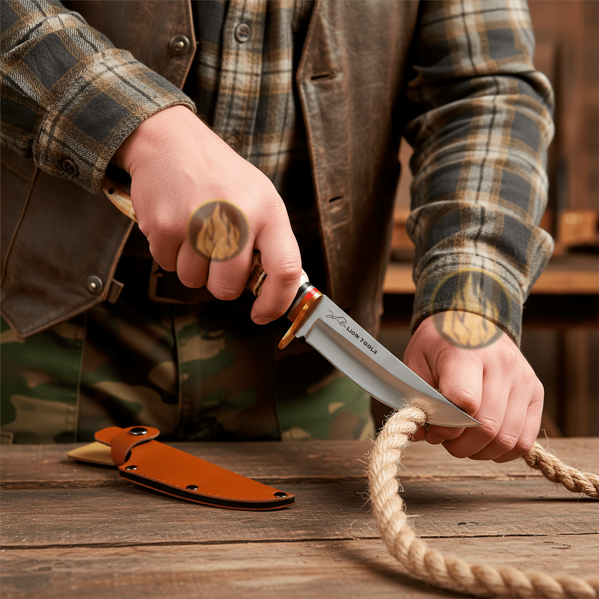 Cuchillo Imitación Cuerno con Funda de cuero sintético hoja afilada de acero inoxidable 420 estilo caza y supervivencia. 9395