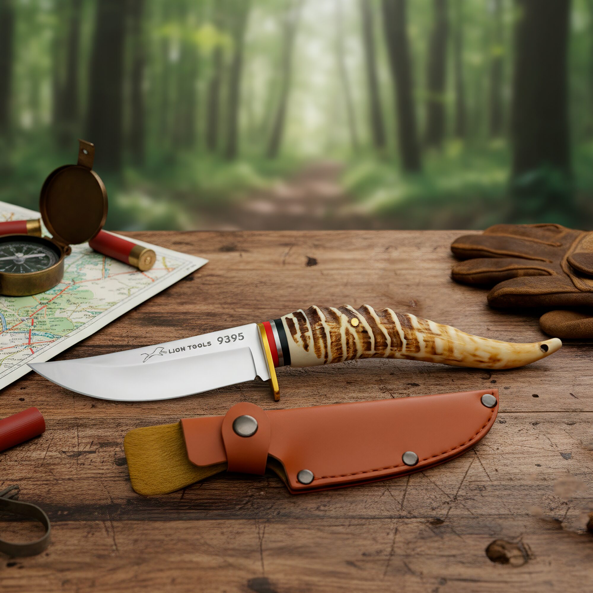 Cuchillo Imitación Cuerno con Funda de cuero sintético hoja afilada de acero inoxidable 420 estilo caza y supervivencia. 9395