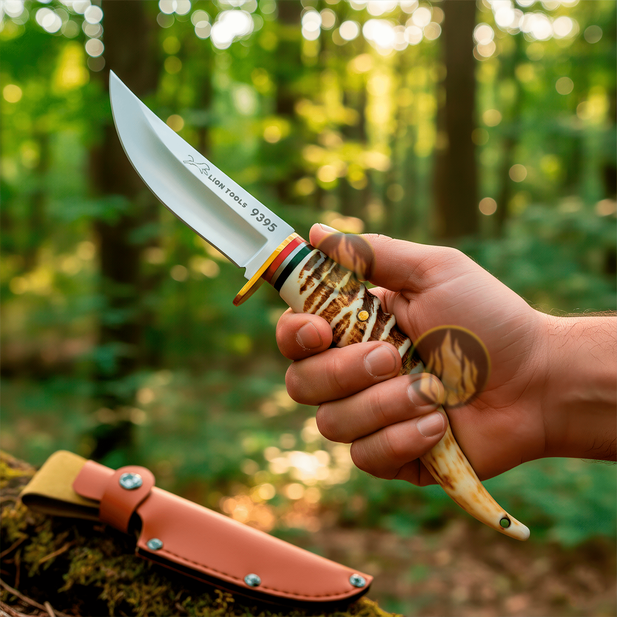 Cuchillo Imitación Cuerno con Funda de cuero sintético hoja afilada de acero inoxidable 420 estilo caza y supervivencia. 9395