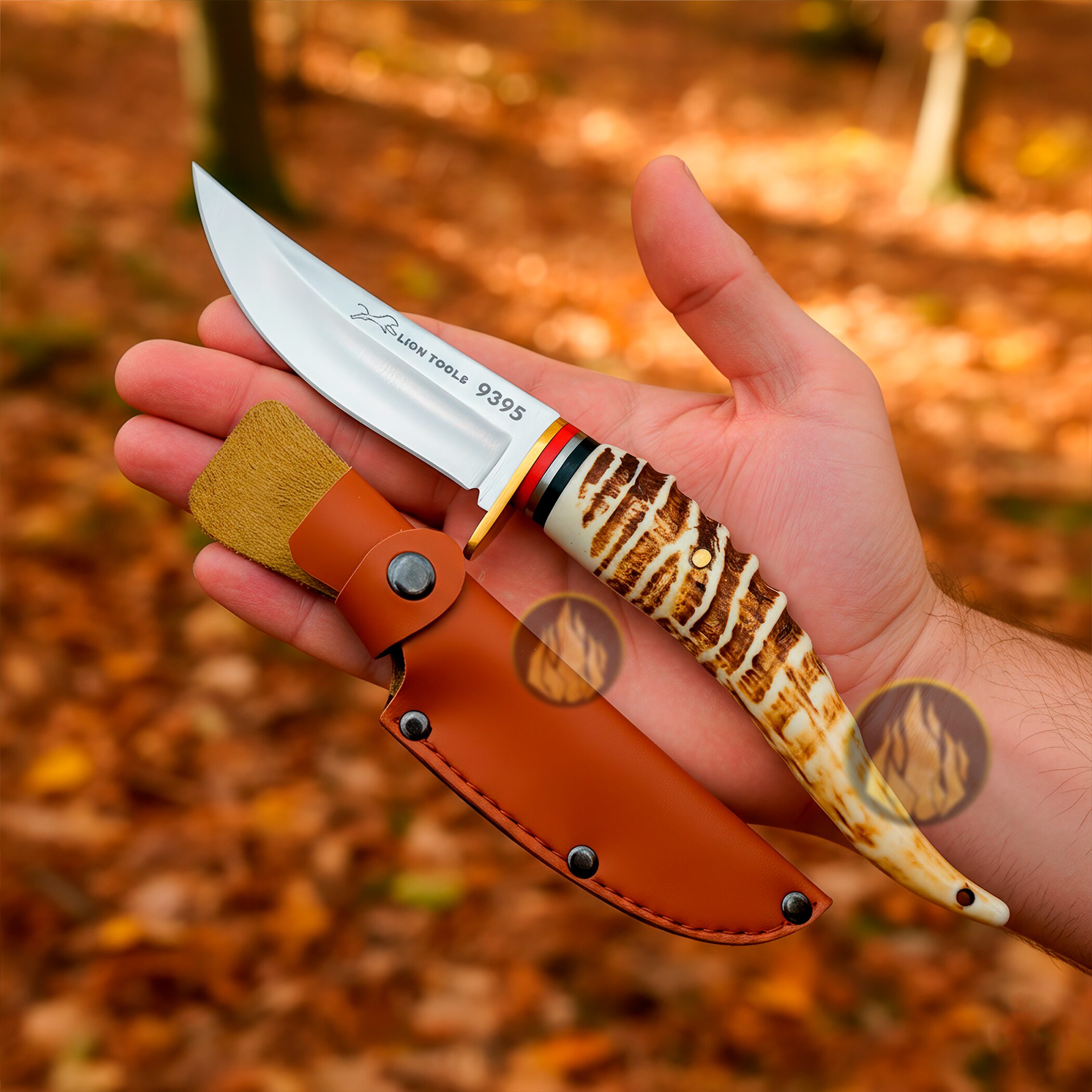 Cuchillo Imitación Cuerno con Funda de cuero sintético hoja afilada de acero inoxidable 420 estilo caza y supervivencia. 9395
