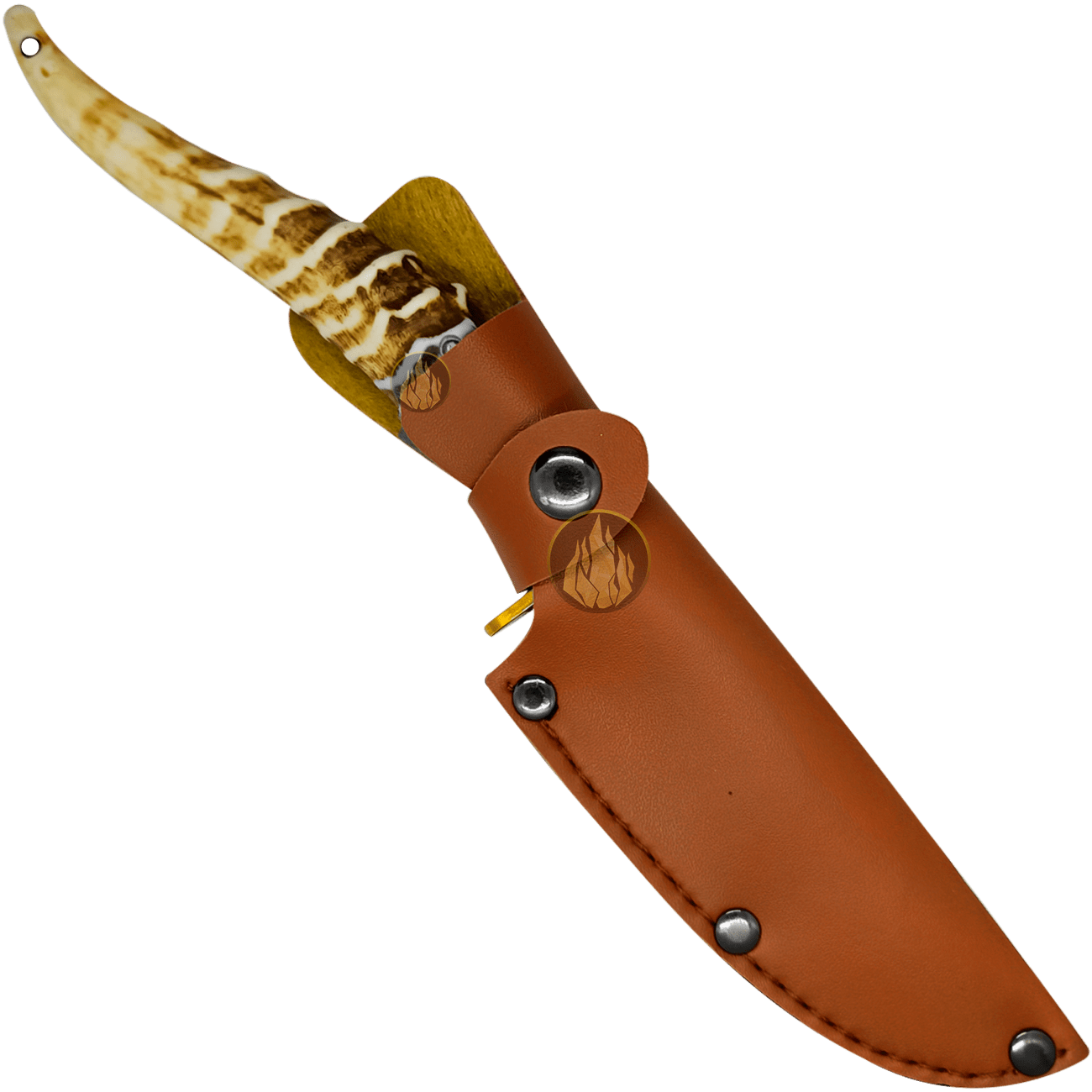 Cuchillo Imitación Cuerno con Funda de cuero sintético hoja afilada de acero inoxidable 420 estilo caza y supervivencia. 9395