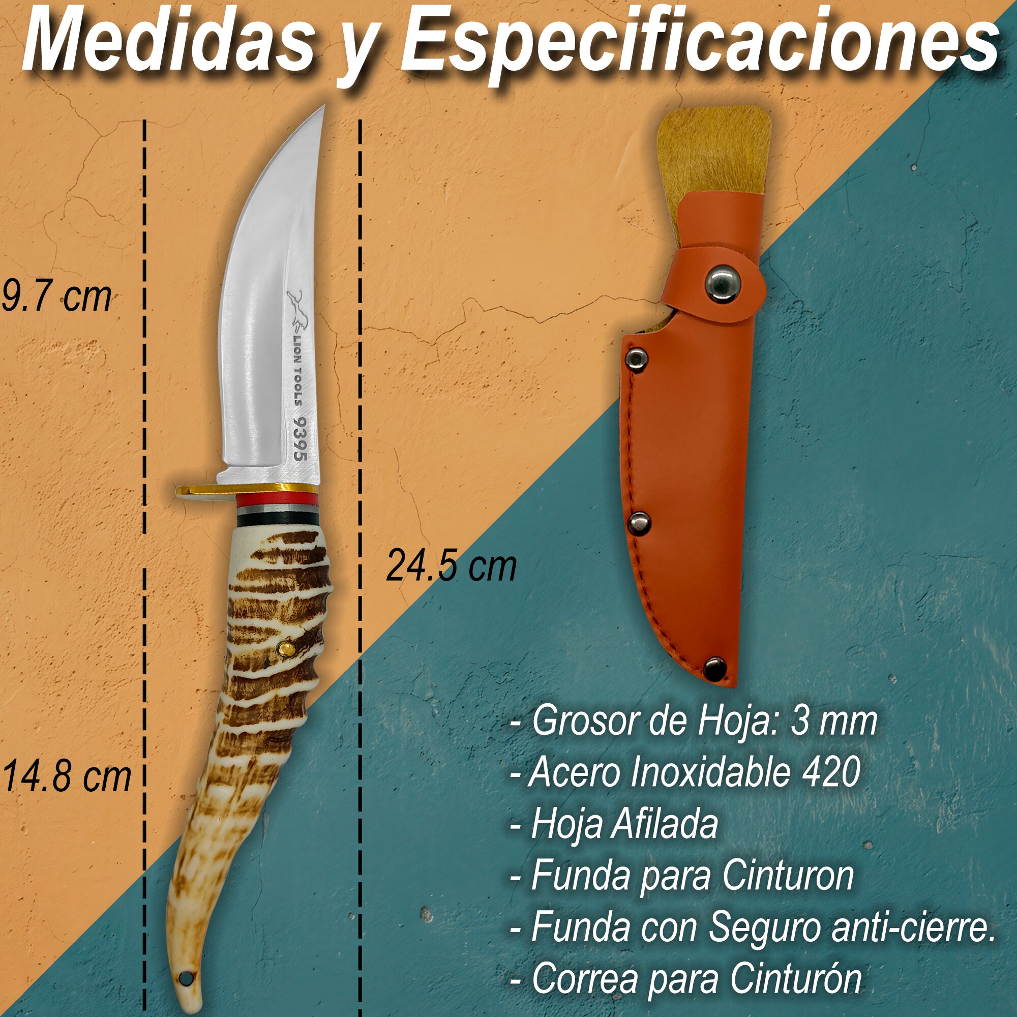 Cuchillo Imitación Cuerno con Funda de cuero sintético hoja afilada de acero inoxidable 420 estilo caza y supervivencia. 9395