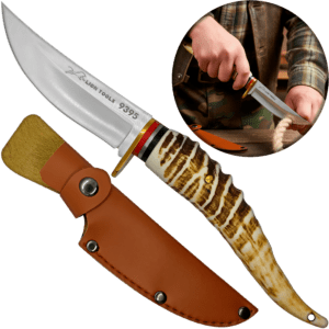 Cuchillo Imitación Cuerno con Funda de cuero sintético hoja afilada de acero inoxidable 420 estilo caza y supervivencia. 9395