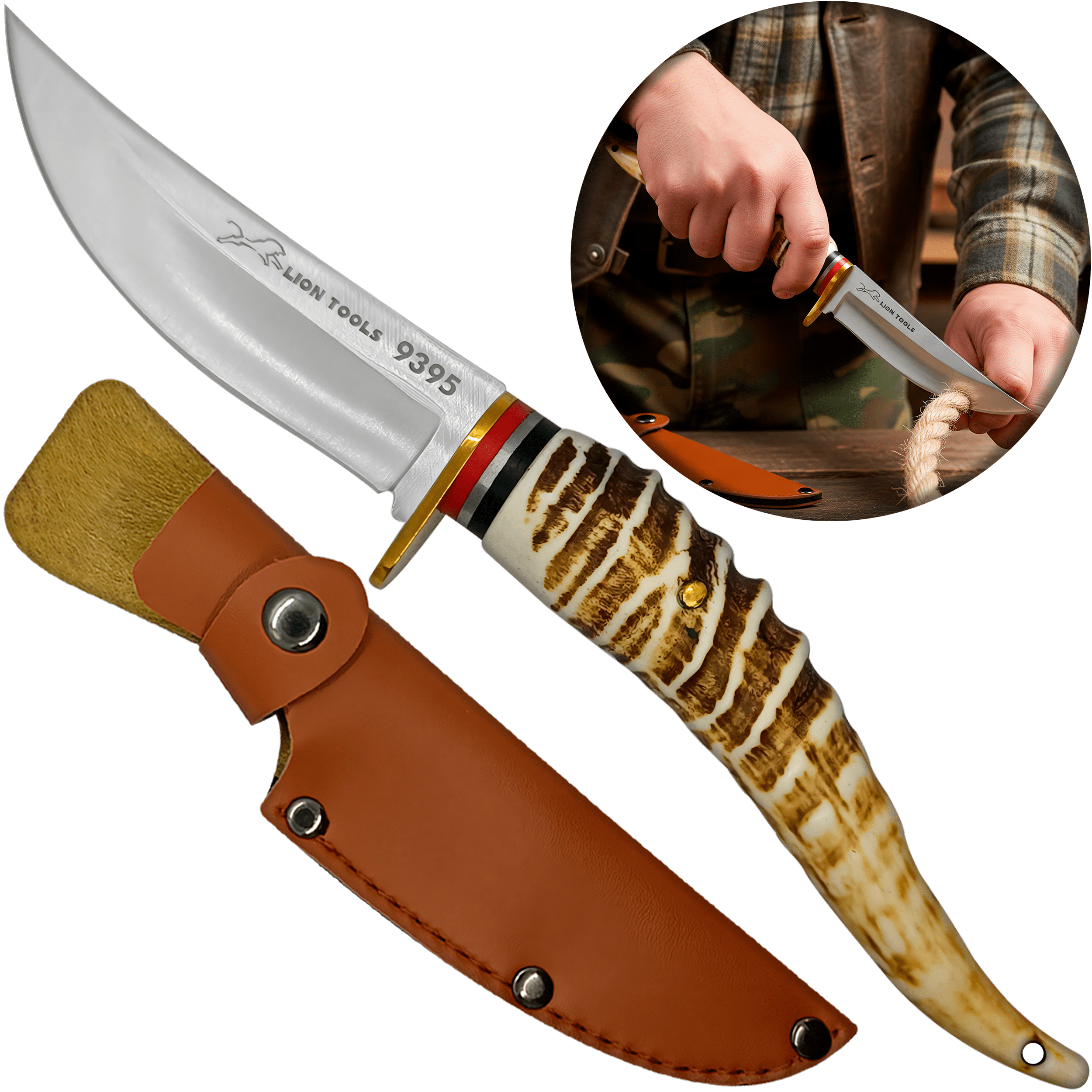 Cuchillo Imitación Cuerno con Funda de cuero sintético hoja afilada de acero inoxidable 420 estilo caza y supervivencia. 9395