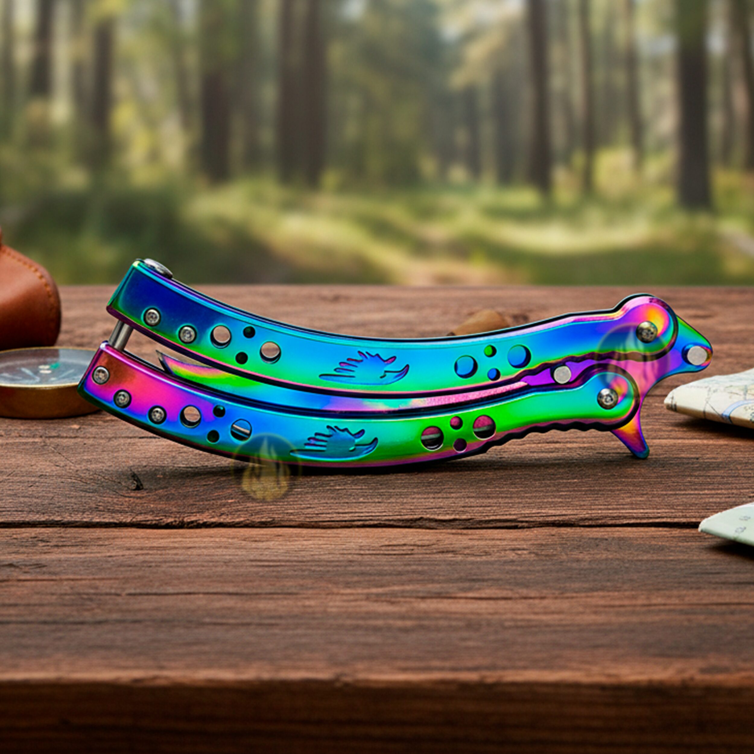 Cuchillo Navaja Mariposa Lion Tools color tornasol con hoja afilada de acero inoxidable 420 estilo táctico. 9570