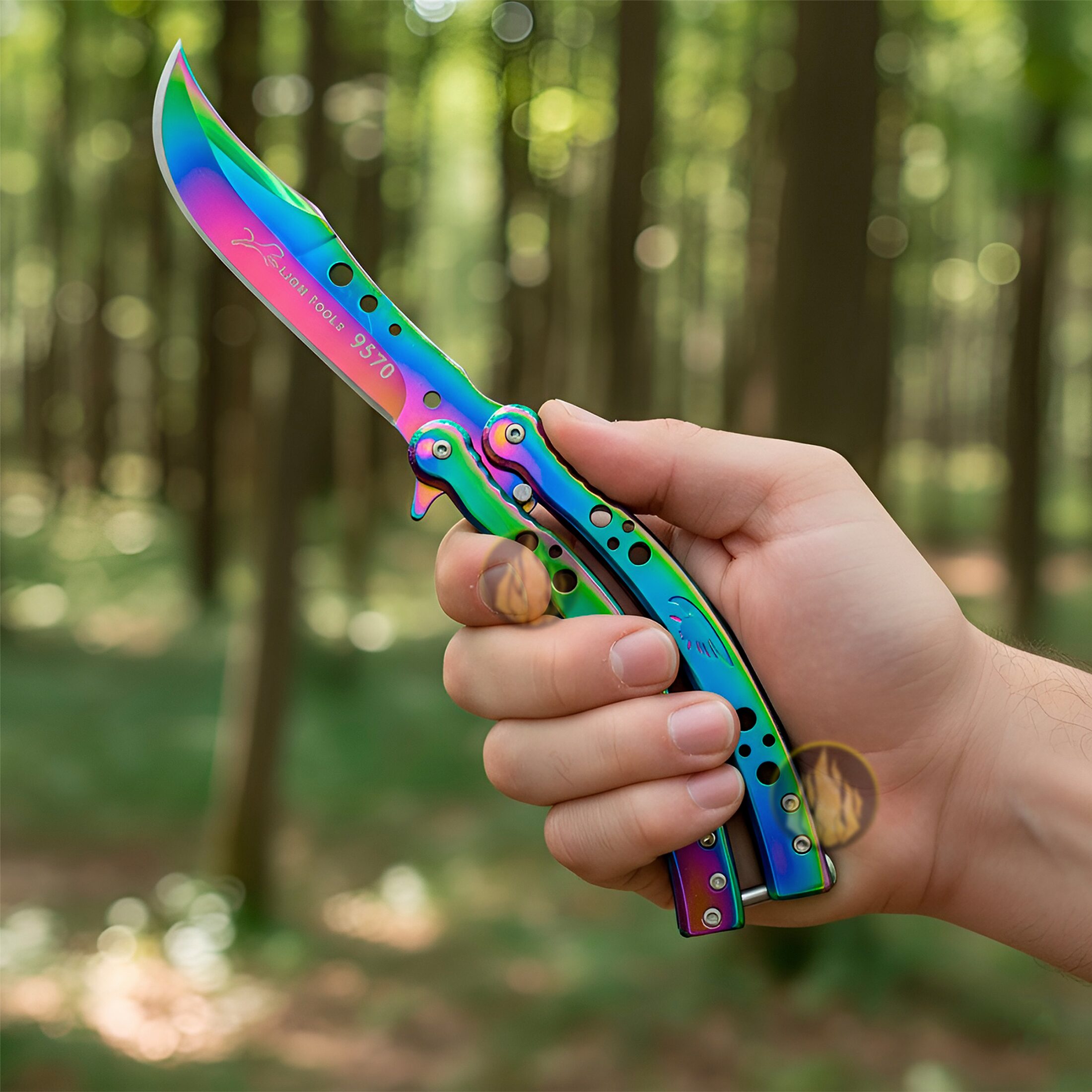 Cuchillo Navaja Mariposa Lion Tools color tornasol con hoja afilada de acero inoxidable 420 estilo táctico. 9570