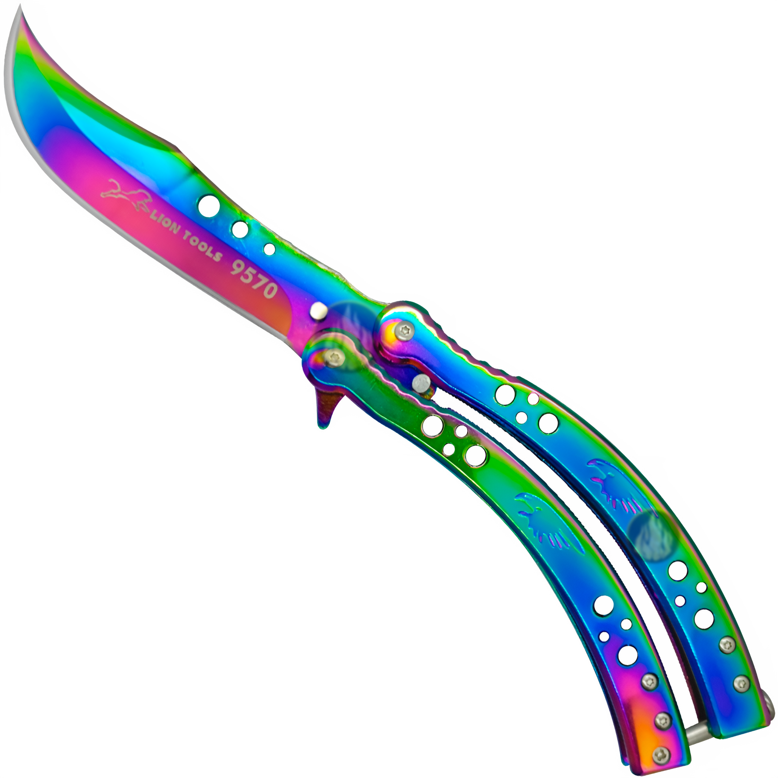 Cuchillo Navaja Mariposa Lion Tools color tornasol con hoja afilada de acero inoxidable 420 estilo táctico. 9570