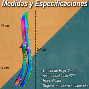 Cuchillo Navaja Mariposa Lion Tools color tornasol con hoja afilada de acero inoxidable 420 estilo táctico. 9570