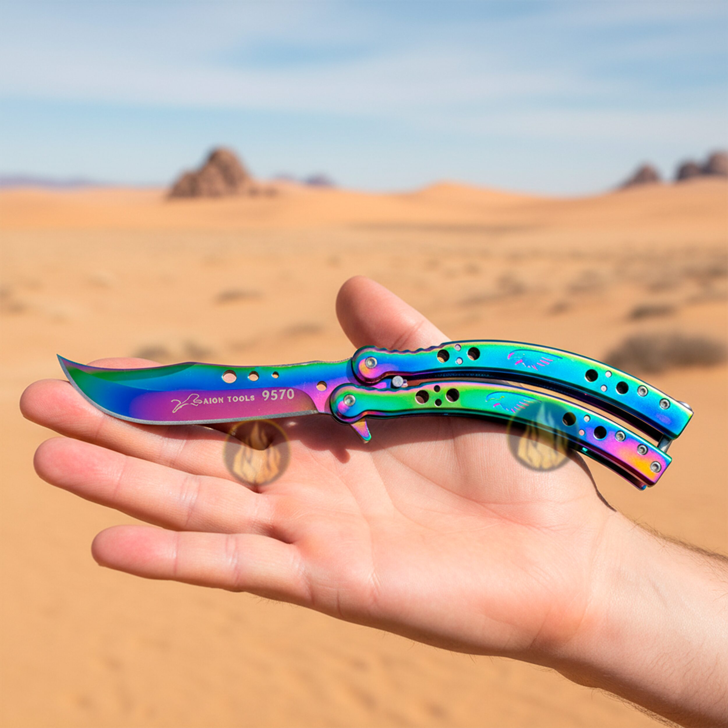 Cuchillo Navaja Mariposa Lion Tools color tornasol con hoja afilada de acero inoxidable 420 estilo táctico. 9570