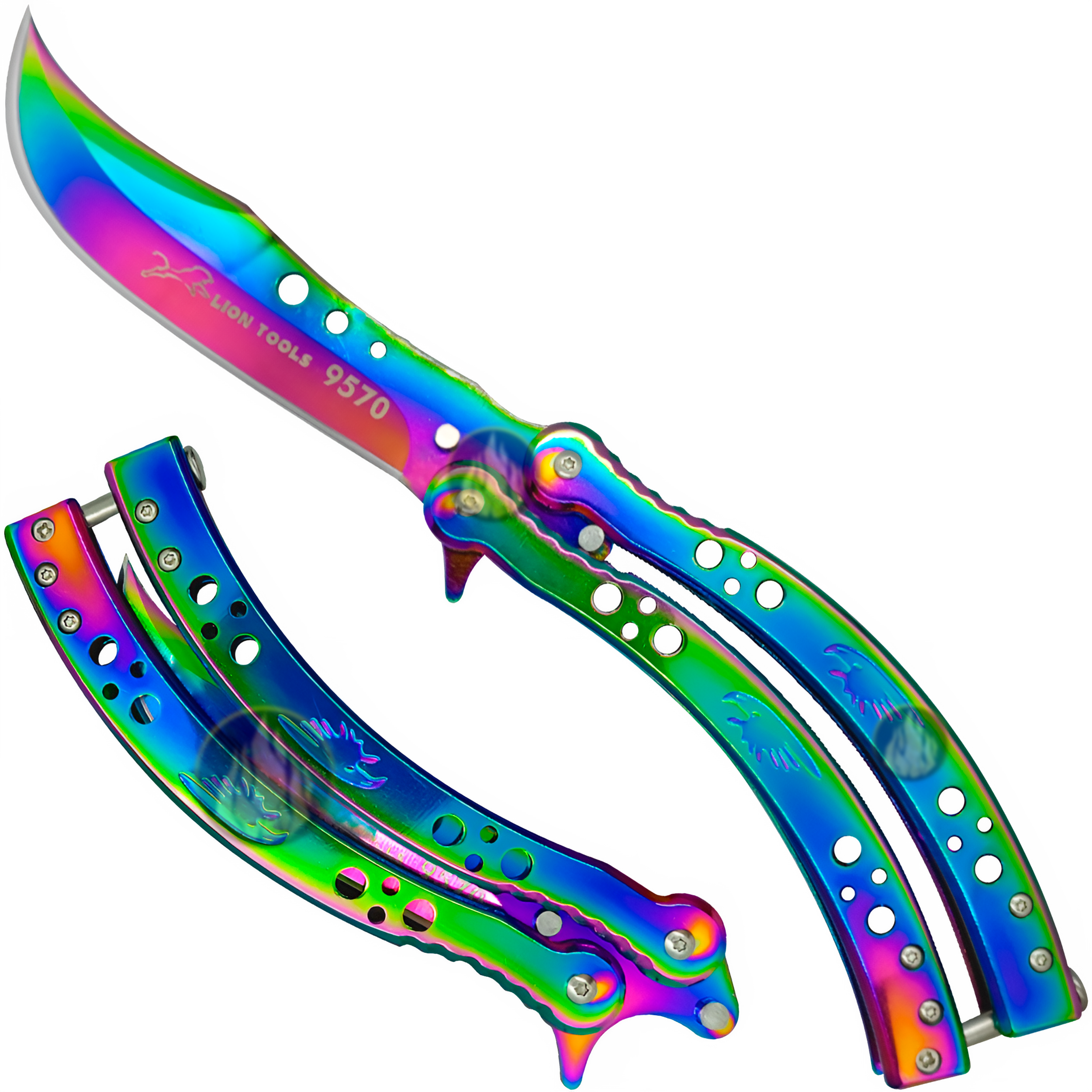 Cuchillo Navaja Mariposa Lion Tools color tornasol con hoja afilada de acero inoxidable 420 estilo táctico. 9570