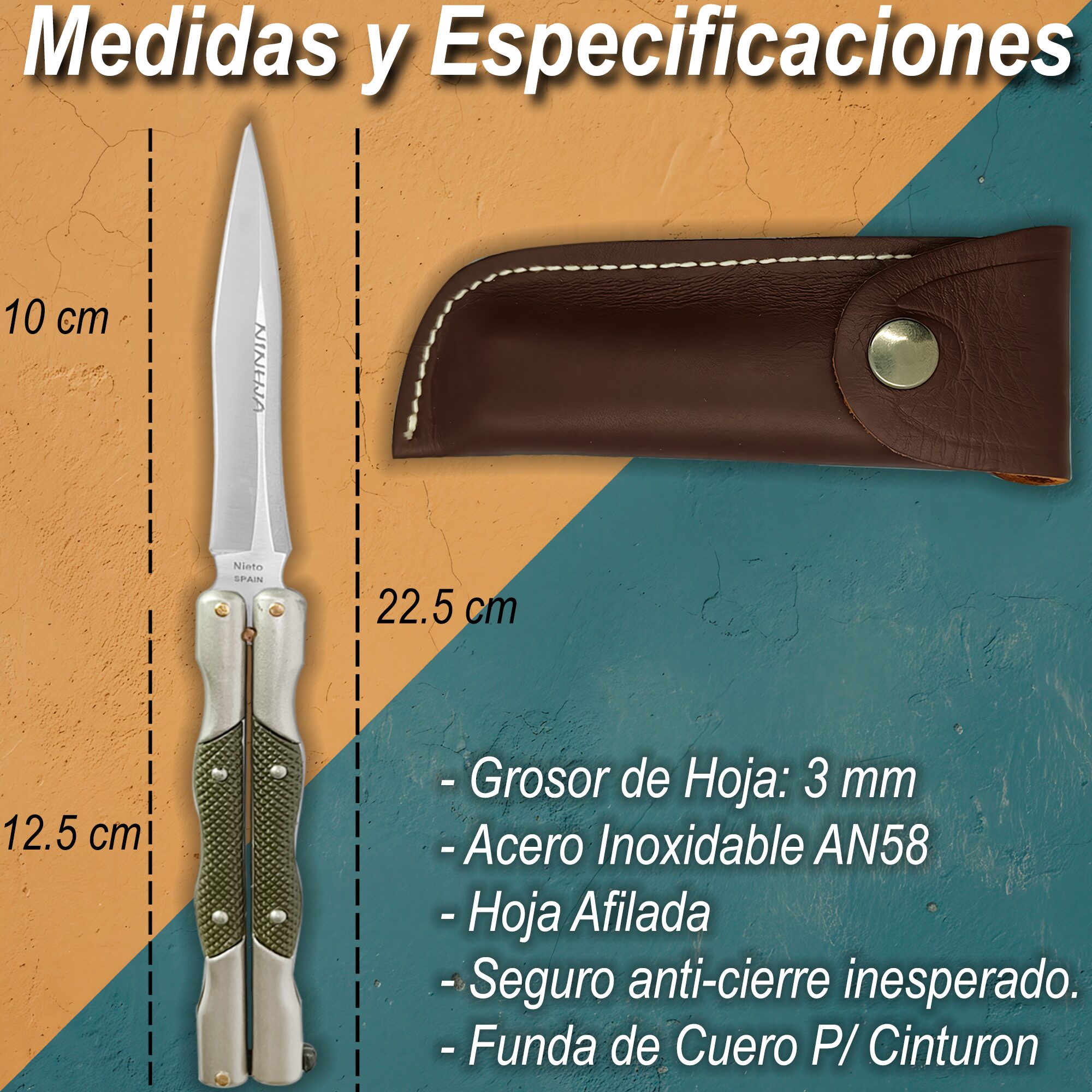 Cuchillo Navaja Mariposa marca Miguel Nieto modelo 324-C, acero inoxidable AN58, hoja afilada de 10 cm color verde con funda de cuero auténtico para cinturón.