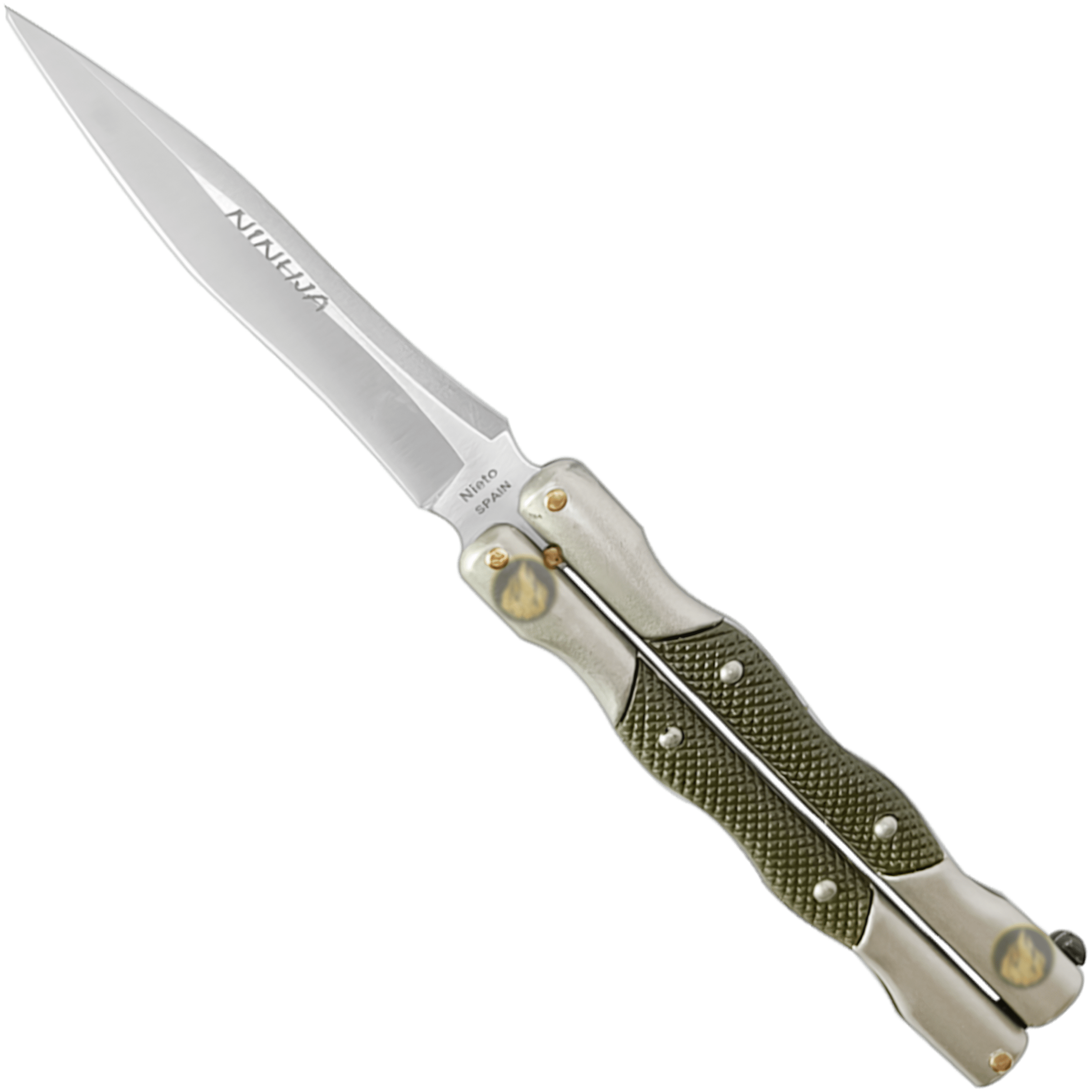 Cuchillo Navaja Mariposa marca Miguel Nieto modelo 324-C, acero inoxidable AN58, hoja afilada de 10 cm color verde con funda de cuero auténtico para cinturón.