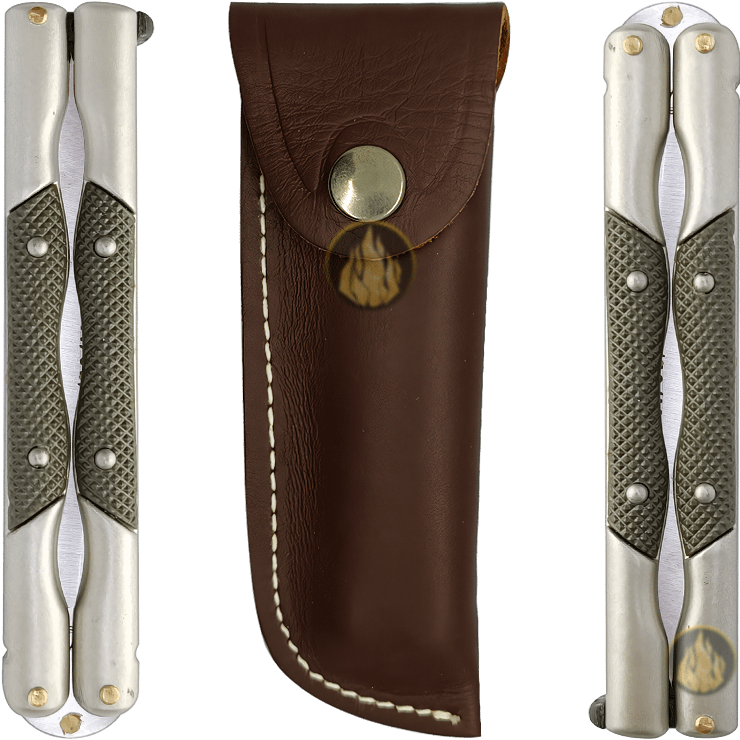 Cuchillo Navaja Mariposa marca Miguel Nieto modelo 324-C, acero inoxidable AN58, hoja afilada de 10 cm color verde con funda de cuero auténtico para cinturón.