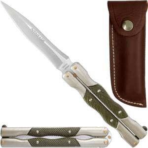 Cuchillo Navaja Mariposa marca Miguel Nieto modelo 324-C, acero inoxidable AN58, hoja afilada de 10 cm color verde con funda de cuero auténtico para cinturón.