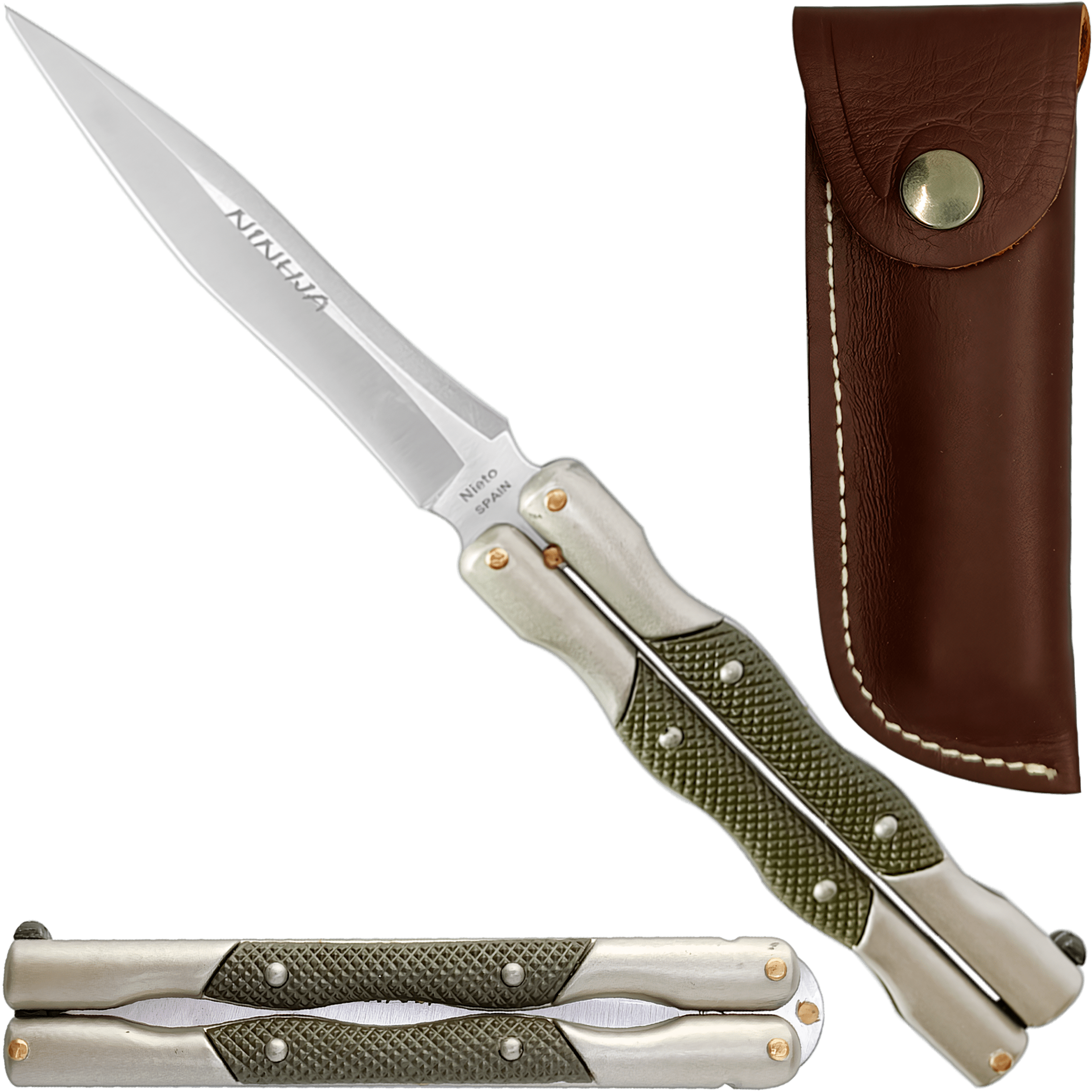 Cuchillo Navaja Mariposa marca Miguel Nieto modelo 324-C, acero inoxidable AN58, hoja afilada de 10 cm color verde con funda de cuero auténtico para cinturón.