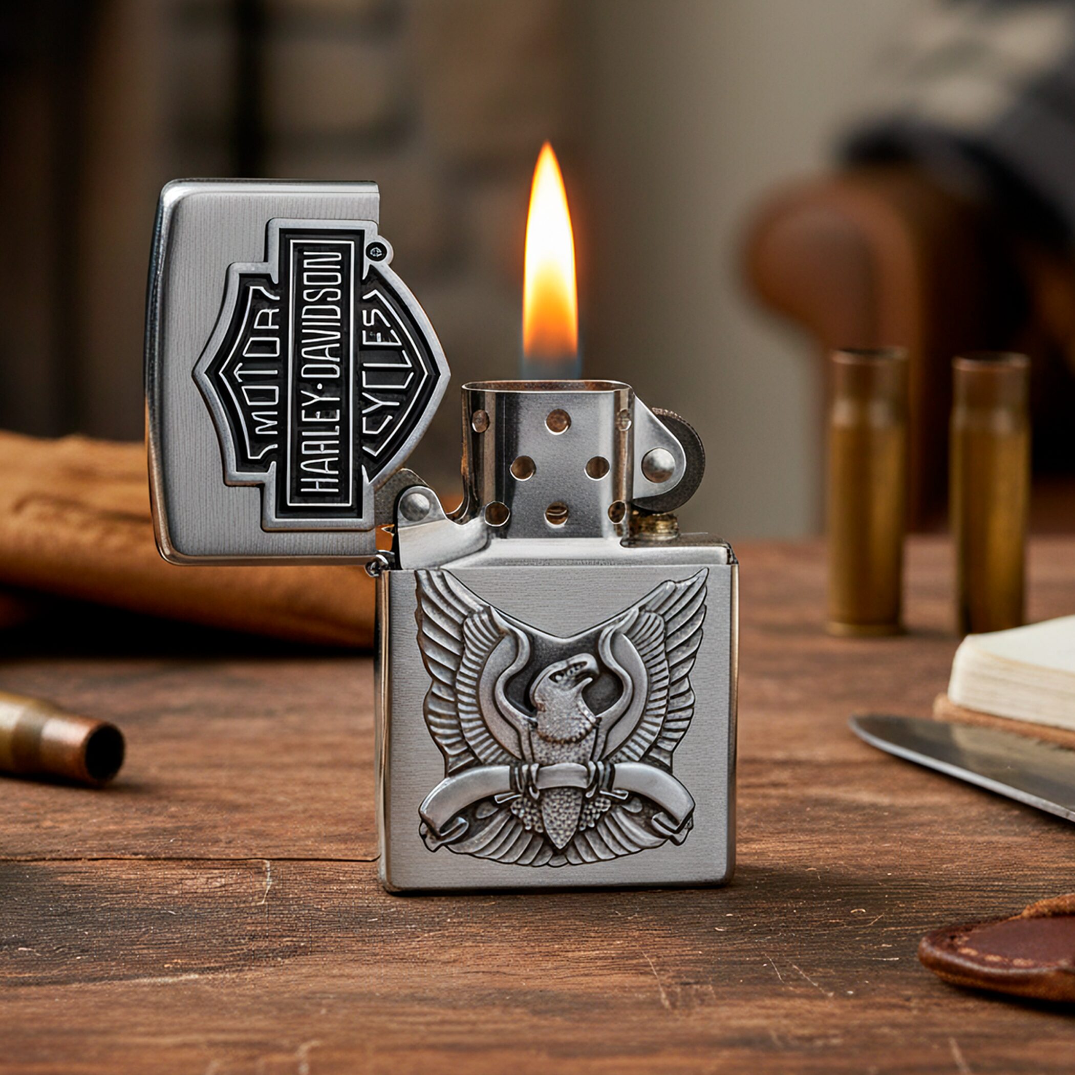 Encendedor Zippo Harley Davidson cromado edición especial modelo MZ200HD-H284, acabado metálico con logo oficial y fabricación Made in USA