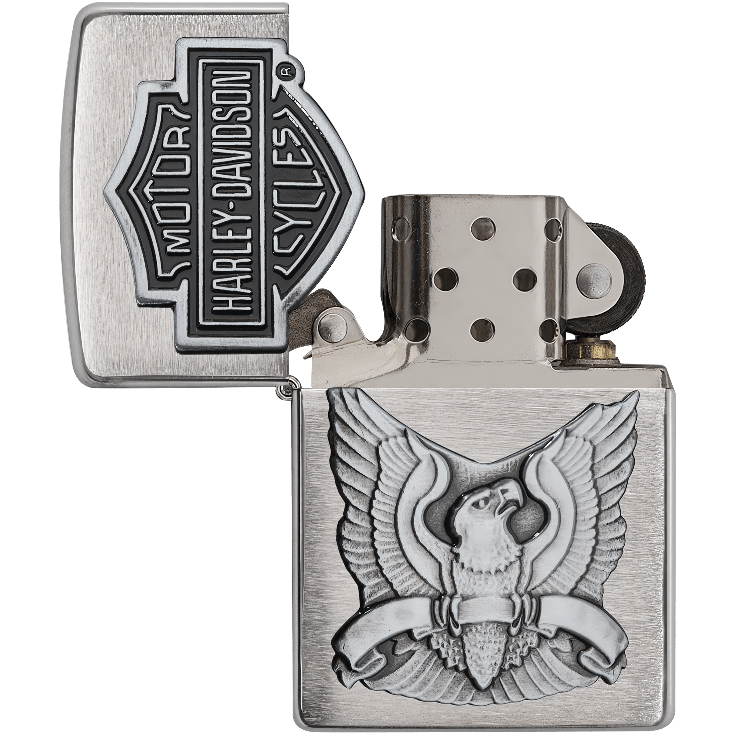 Encendedor Zippo Harley Davidson cromado edición especial modelo MZ200HD-H284, acabado metálico con logo oficial y fabricación Made in USA