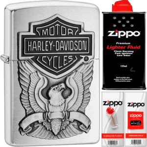 Encendedor Zippo Harley Davidson cromado edición especial modelo MZ200HD-H284, acabado metálico con logo oficial y fabricación Made in USA