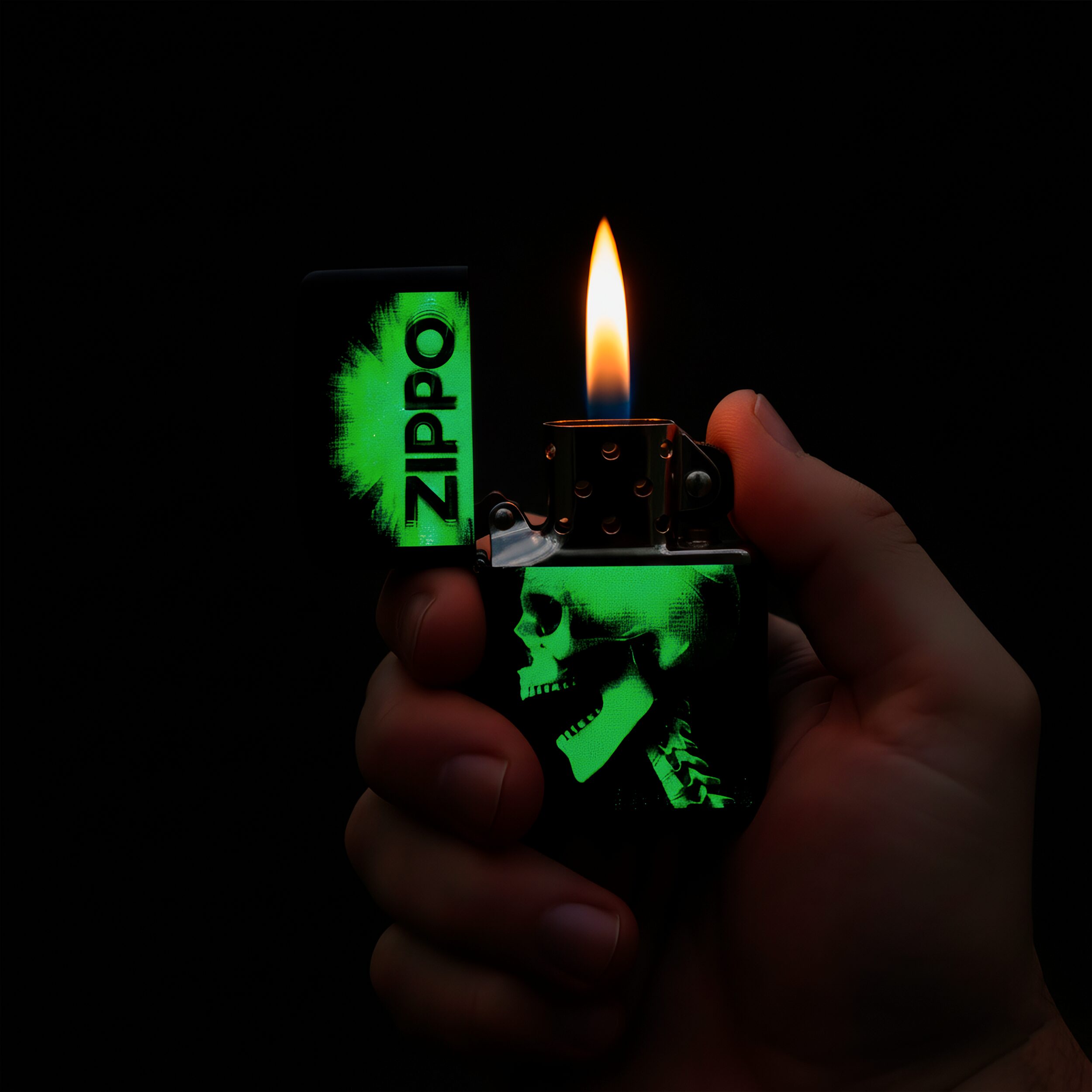 Encendedor Zippo Price Fighter calavera cibernética a prueba de viento, modelo MZ48485 fabricado en USA.