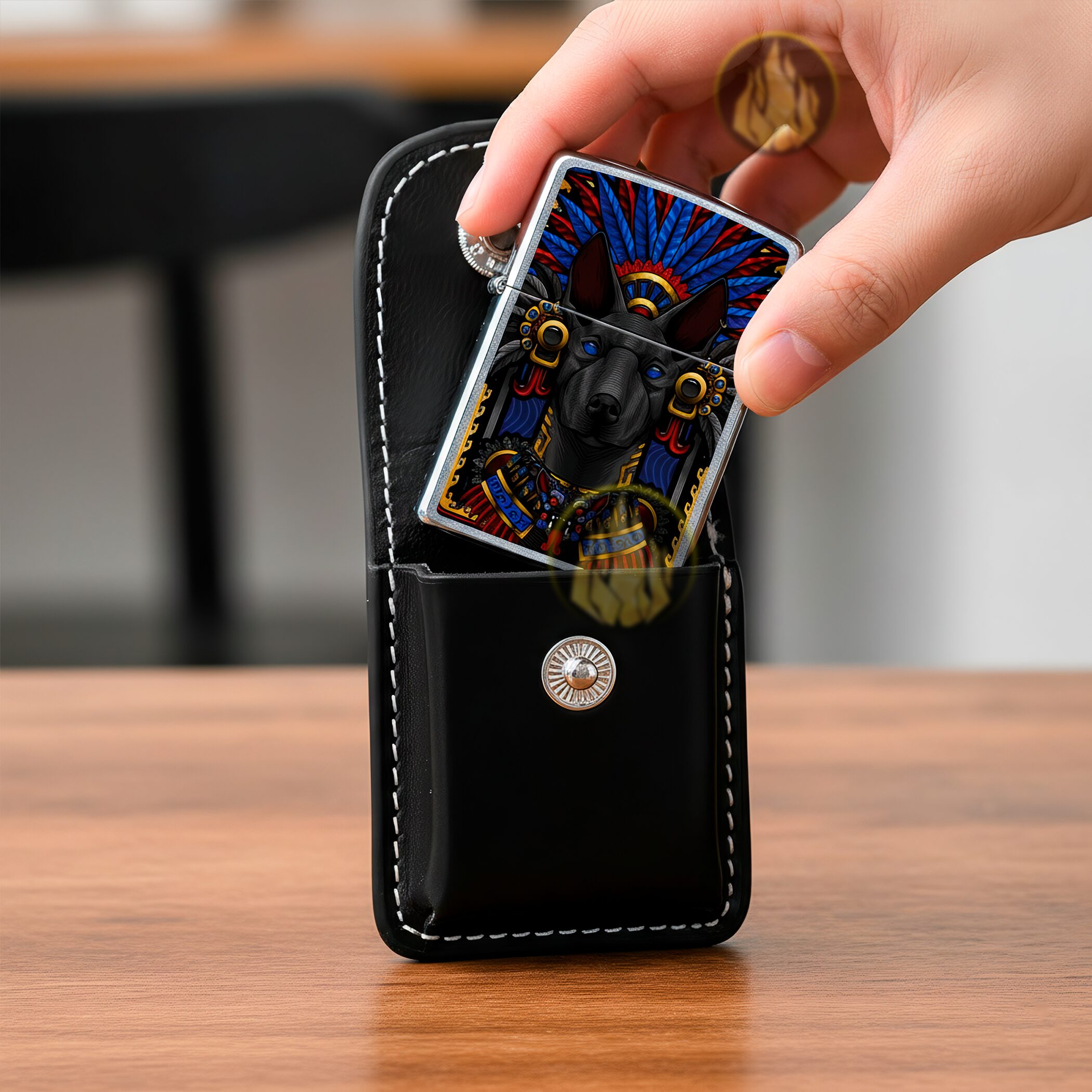 Funda Encendedor Zippo de cuero sintético con cremallera, ideal para cinturón, marca Caracter Fuego. FZG