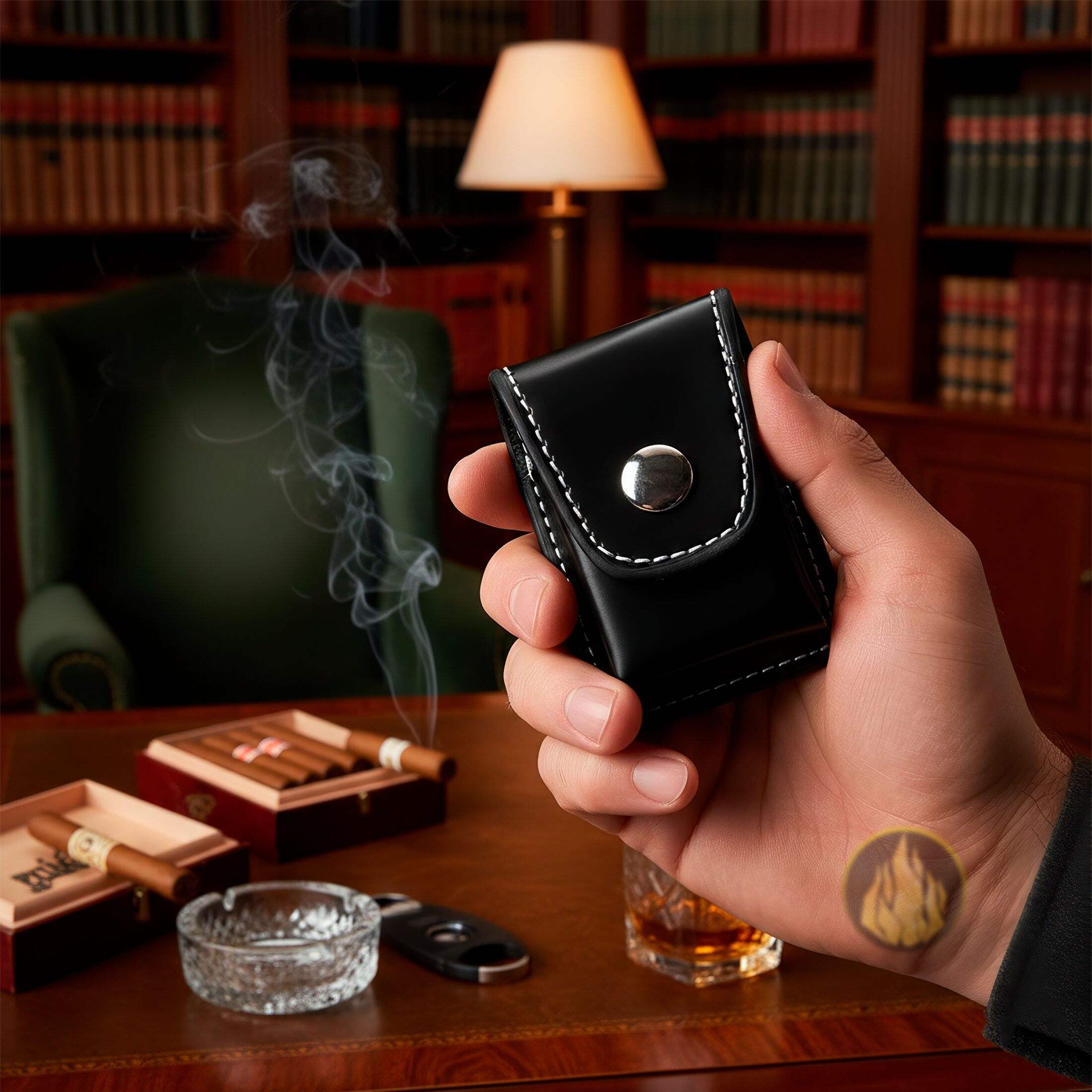 Funda Encendedor Zippo de cuero sintético con cremallera, ideal para cinturón, marca Caracter Fuego. FZG