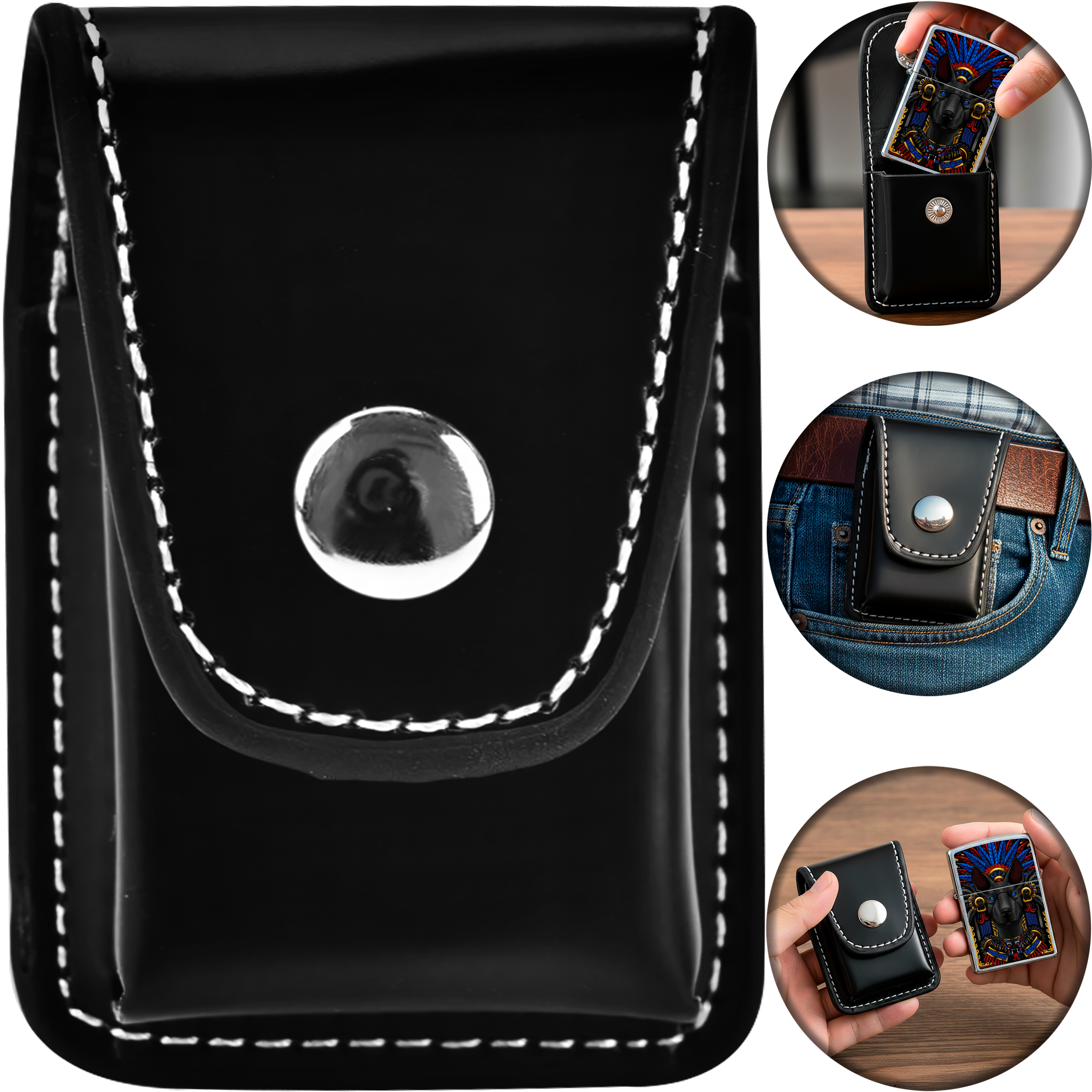 Funda Encendedor Zippo de cuero sintético con cremallera, ideal para cinturón, marca Caracter Fuego. FZG