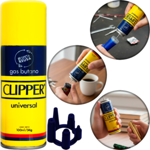 Gas Butano Clipper 100 ml en lata metálica para recargar encendedores, combustible original marca Clipper compatible con encendedores de butano y sistema de válvulas con adaptadores. GSBT1012