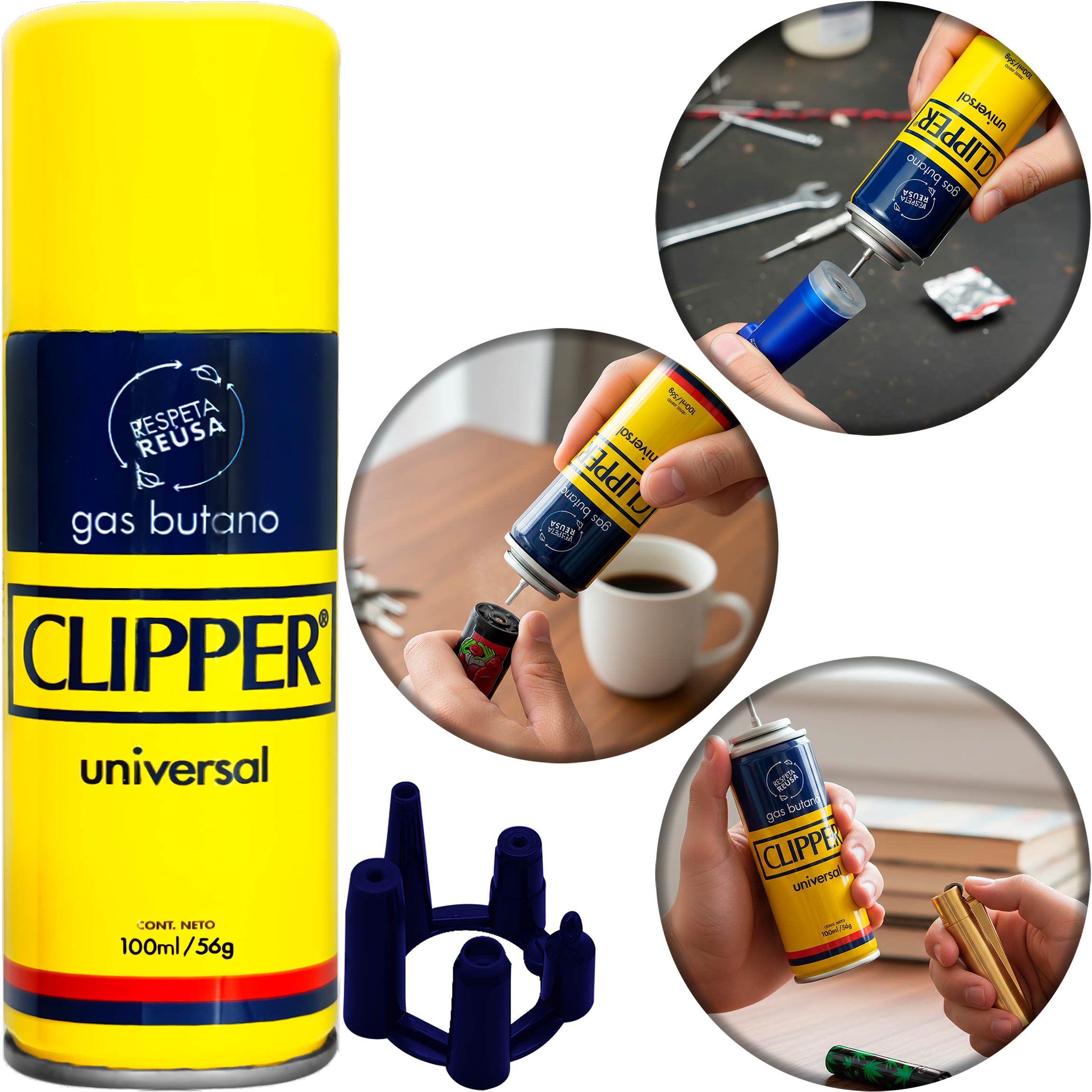 Gas Butano Clipper 100 ml en lata metálica para recargar encendedores, combustible original marca Clipper compatible con encendedores de butano y sistema de válvulas con adaptadores. GSBT1012