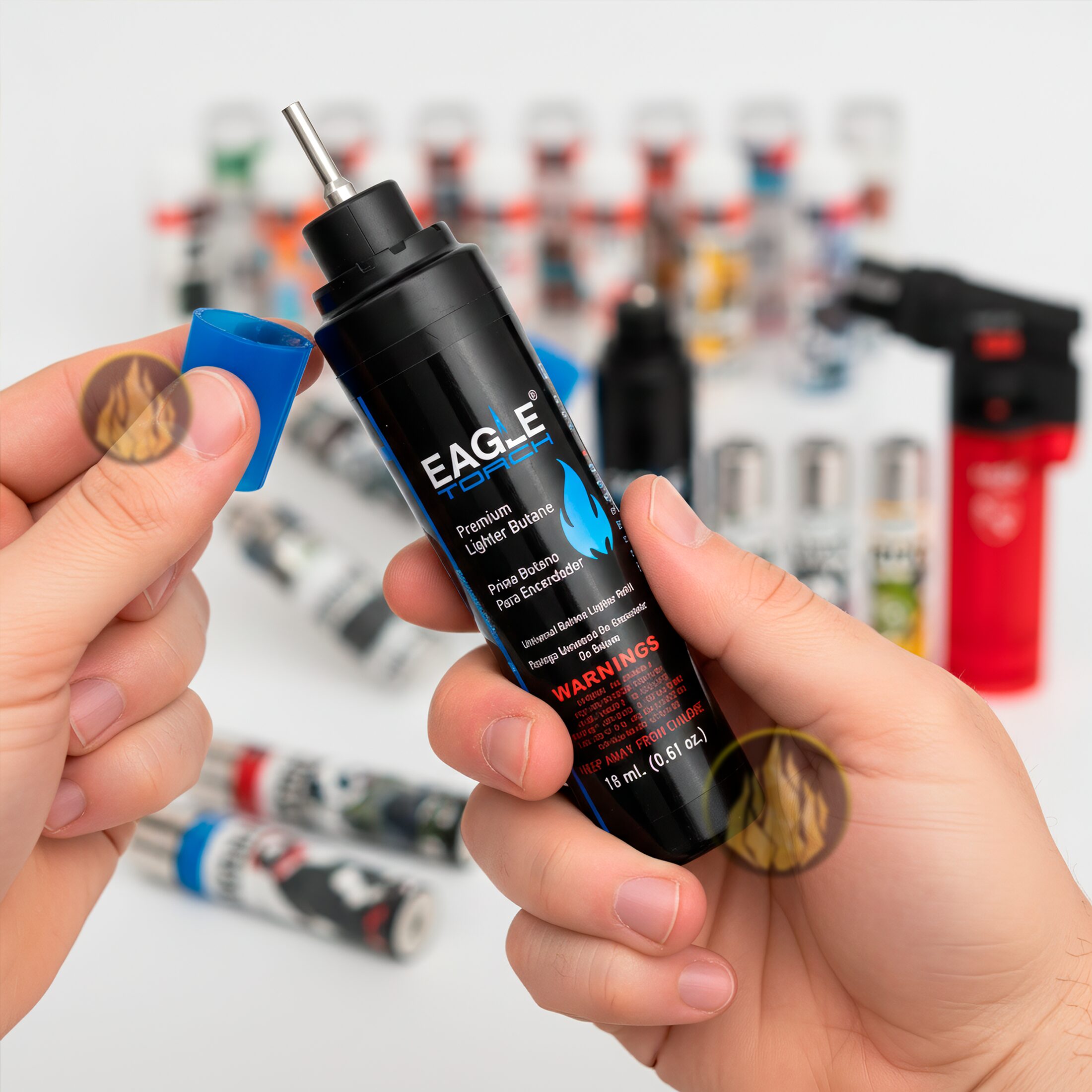 Gas Butano Premium 18 ml marca Eagle Torch para recargar encendedores Clipper y Zippo, lata portátil para encendedor de butano uso diario. OLI-G01