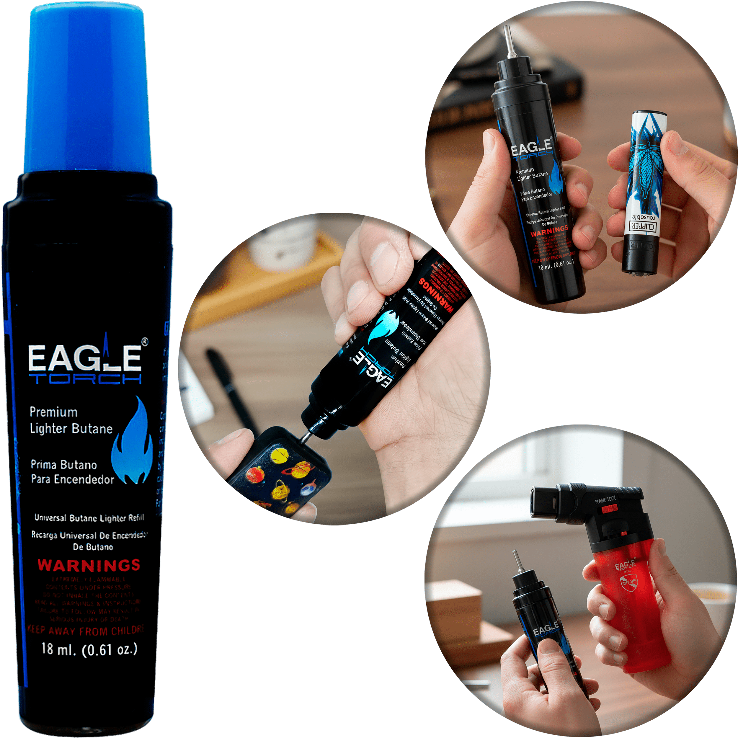 Gas Butano Premium 18 ml marca Eagle Torch para recargar encendedores Clipper y Zippo, lata portátil para encendedor de butano uso diario. OLI-G01