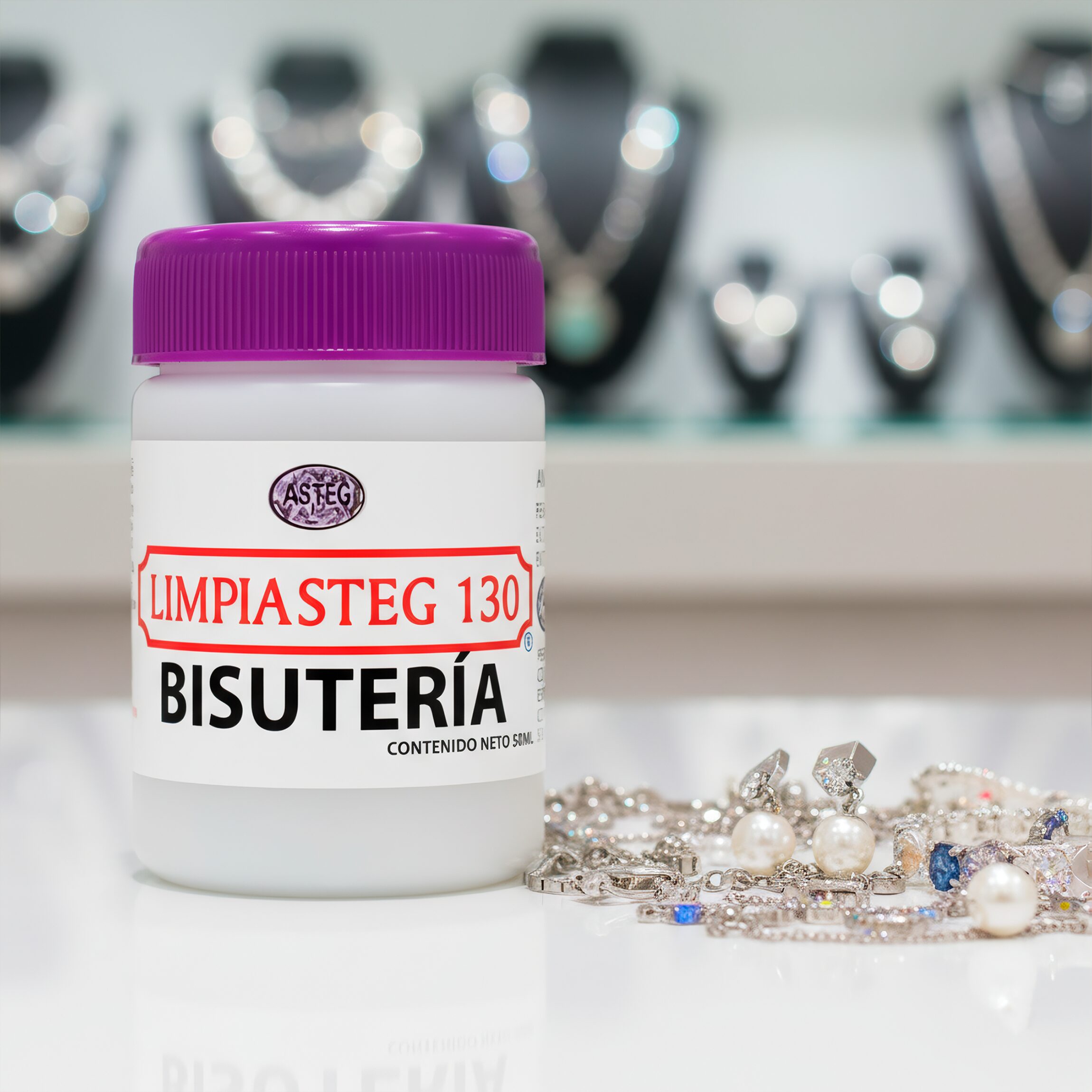 Líquido Limpiador Para Bisuteria Limpiasteg 130 - 50 Ml, solución instantánea para limpiar joyería y accesorios, marca Limpiasteg 130. 2648
