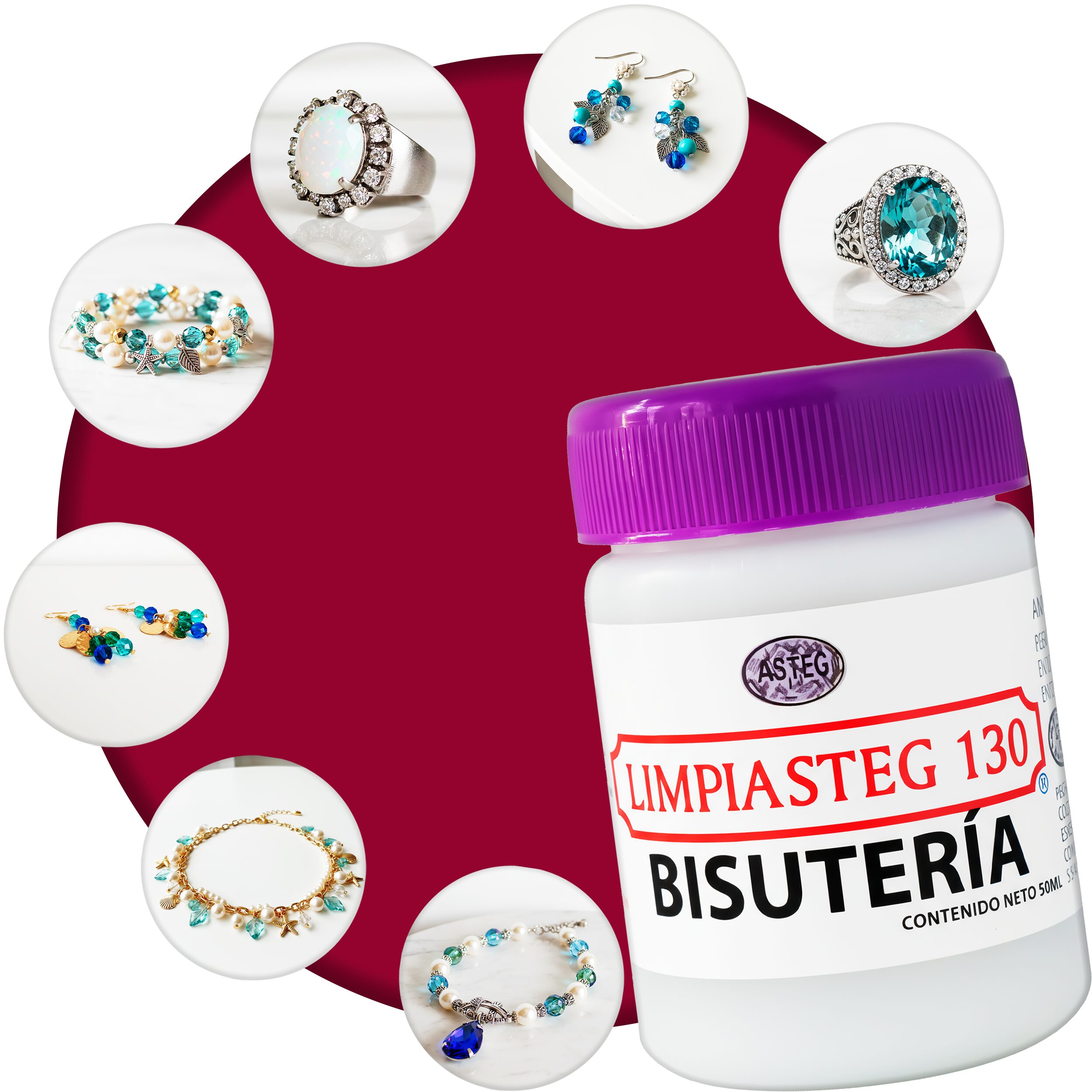Líquido Limpiador Para Bisuteria Limpiasteg 130 - 50 Ml, solución instantánea para limpiar joyería y accesorios, marca Limpiasteg 130. 2648