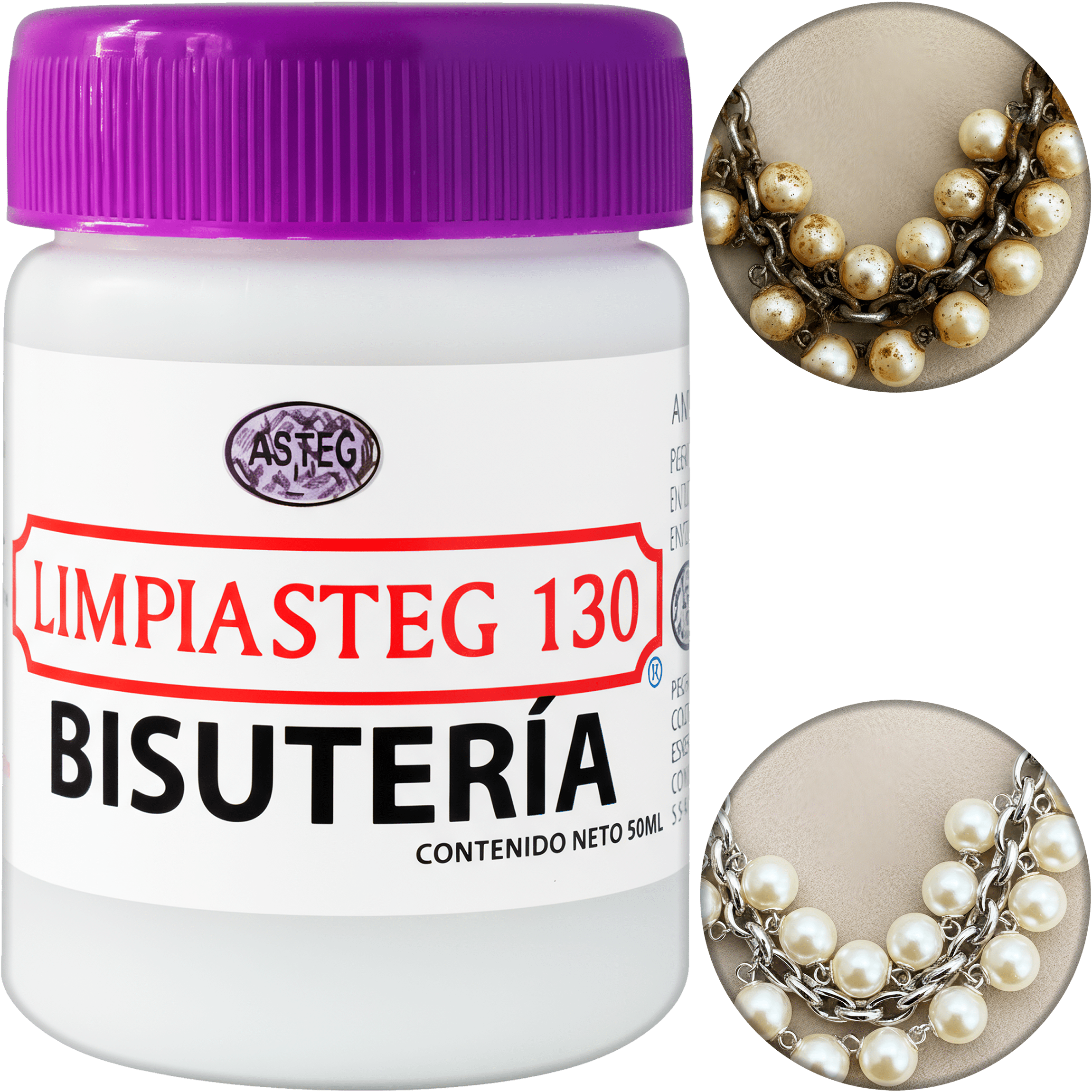 Líquido Limpiador Para Bisuteria Limpiasteg 130 - 50 Ml, solución instantánea para limpiar joyería y accesorios, marca Limpiasteg 130. 2648