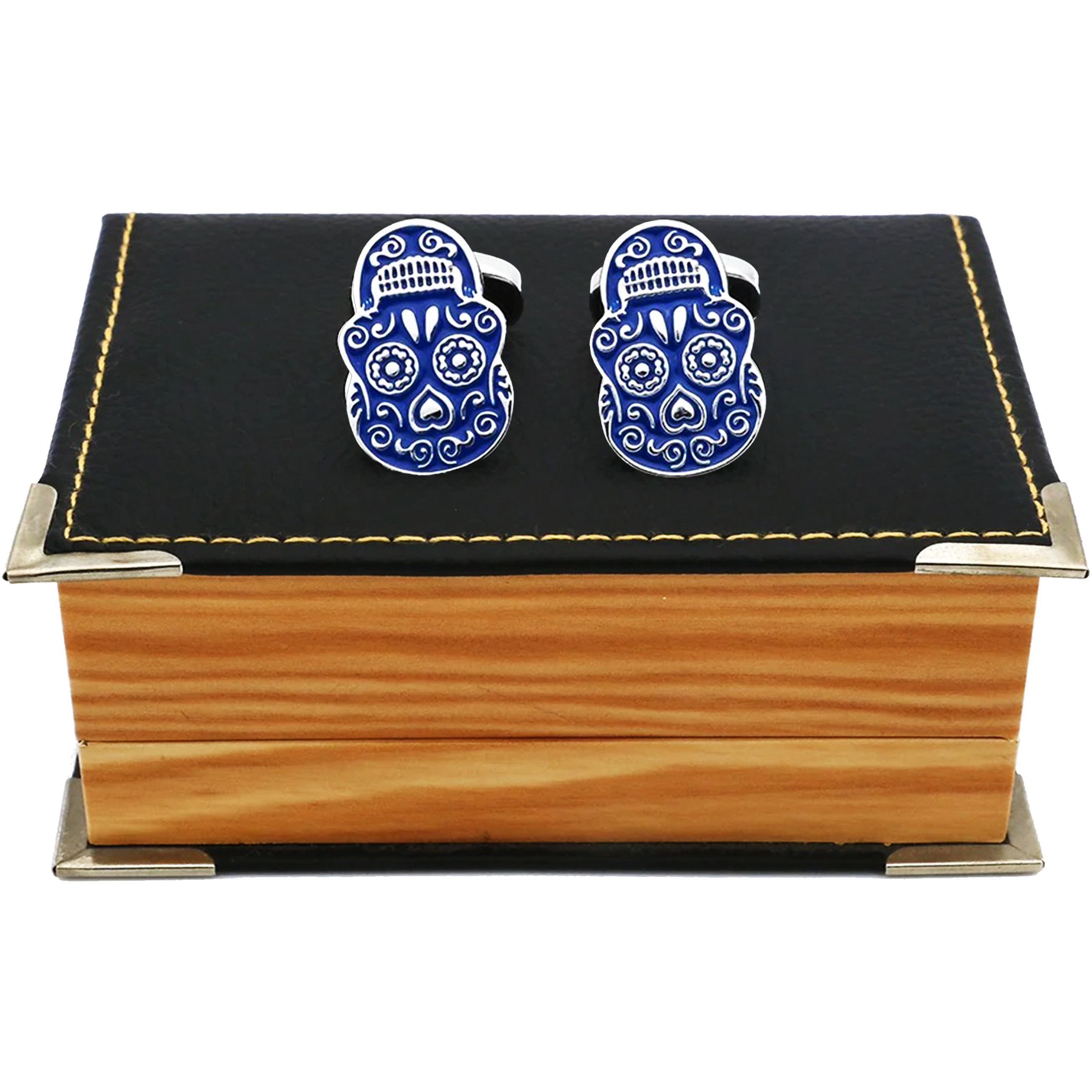 Mancuernillas Calavera Gemelos marca no especificada de acero inoxidable azul diseño lujo para camisa formal con acabado brillante GMACA