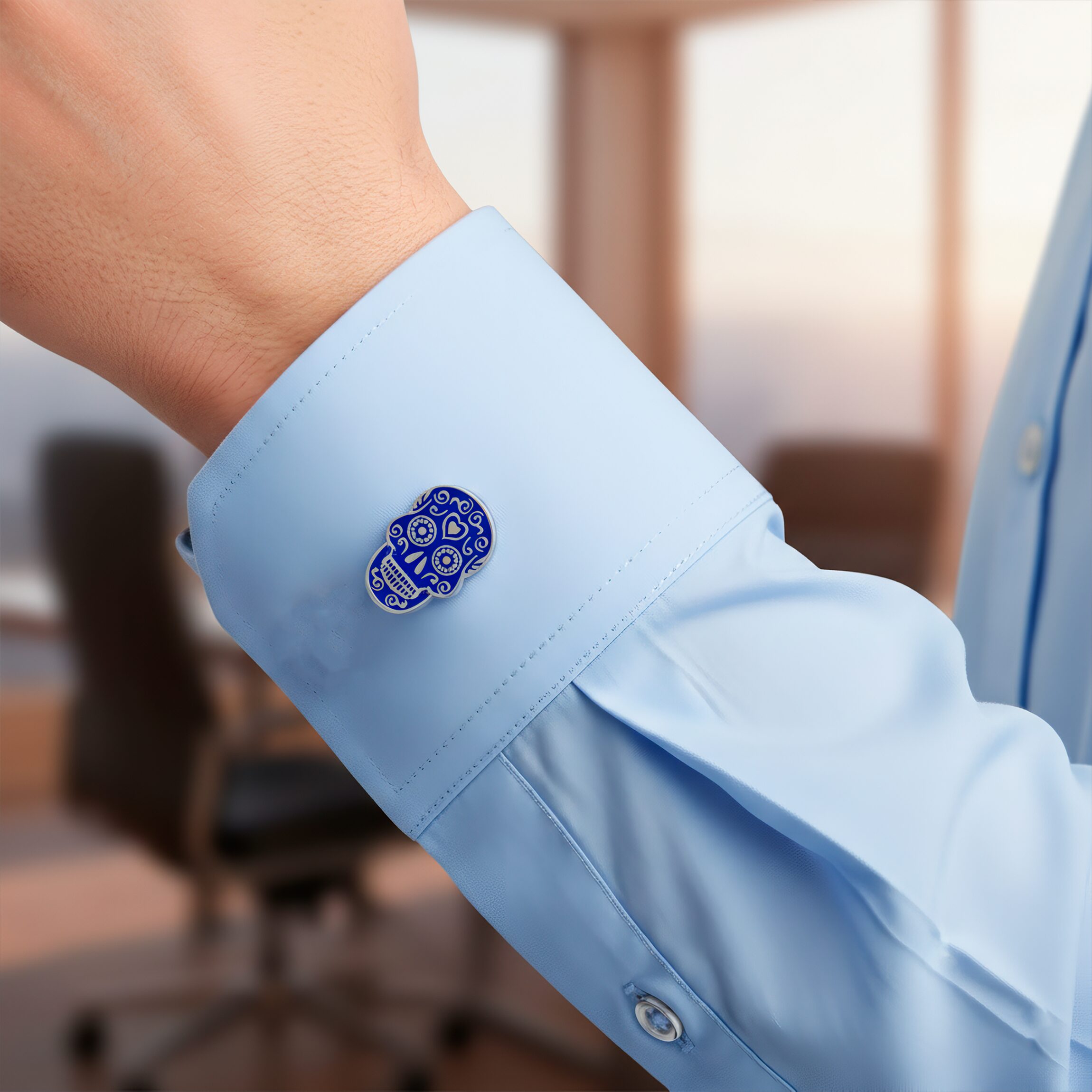 Mancuernillas Calavera Gemelos marca no especificada de acero inoxidable azul diseño lujo para camisa formal con acabado brillante GMACA