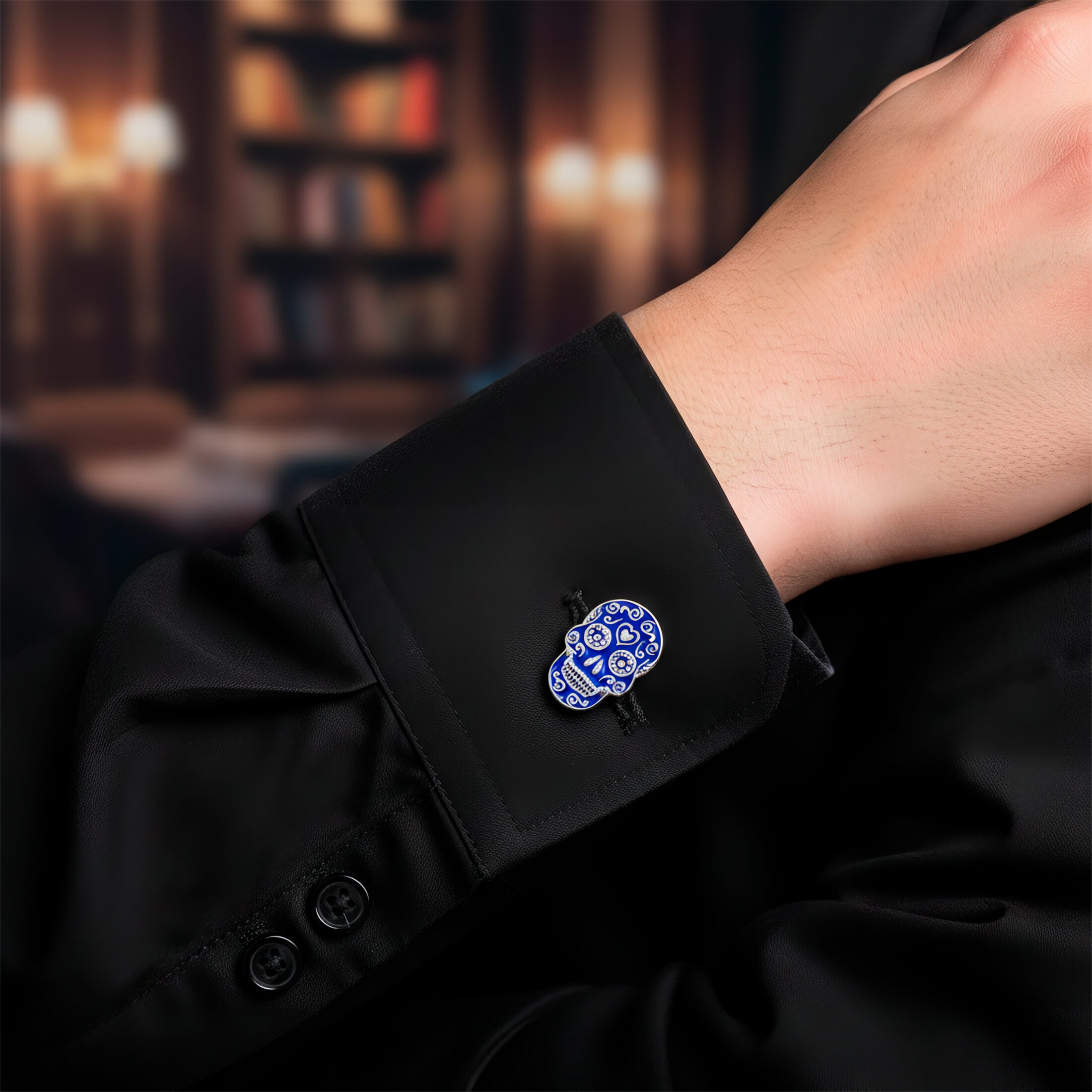 Mancuernillas Calavera Gemelos marca no especificada de acero inoxidable azul diseño lujo para camisa formal con acabado brillante GMACA